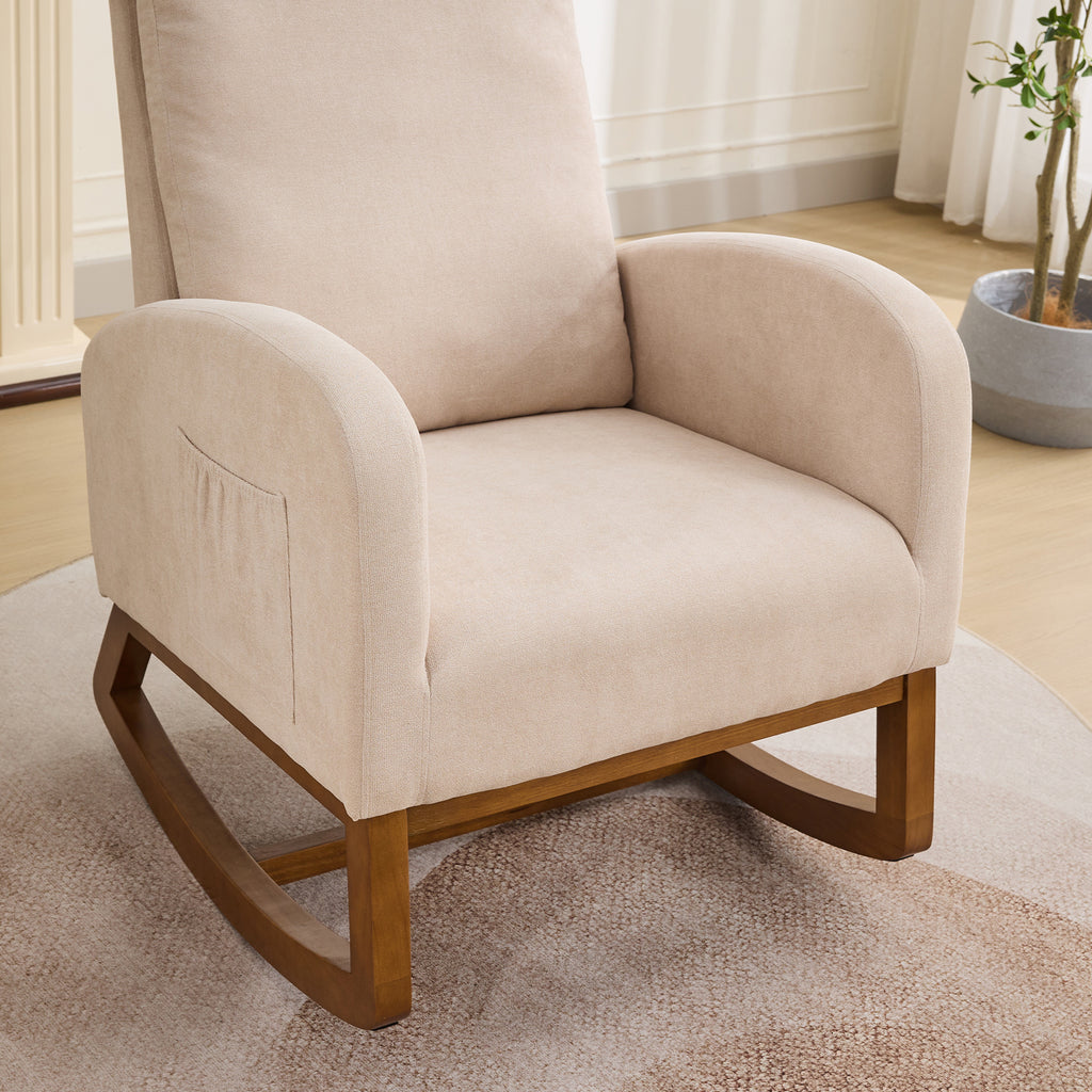 27.2'W Rocking Chair for Nursery, Polyester Glider Chair with High Back and Side Pocket, Rocking Accent Armchair with Rubber Wood Legs for Living Room/Bedroom.Beige - Grand Goldman Shop