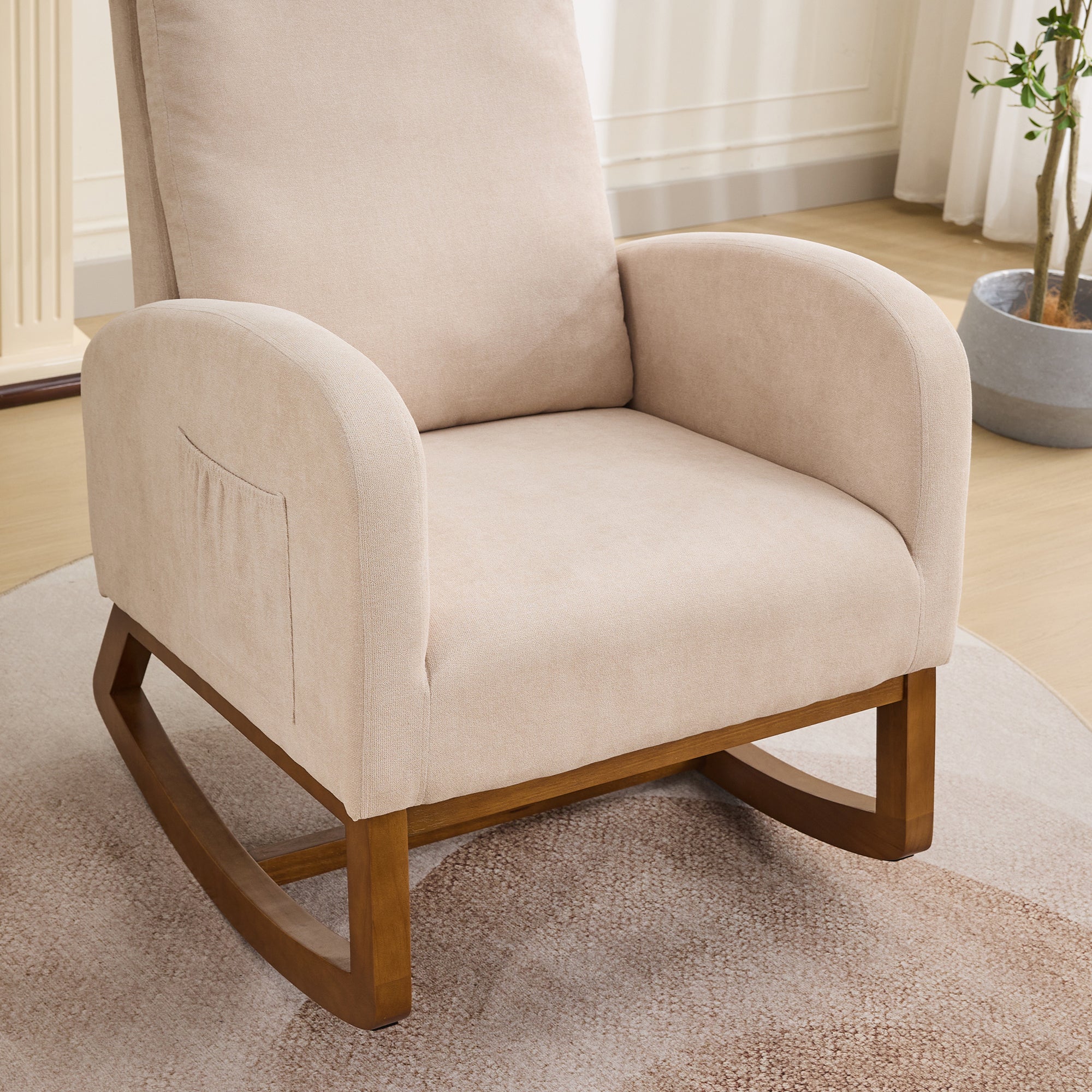 27.2'W Rocking Chair for Nursery, Polyester Glider Chair with High Back and Side Pocket, Rocking Accent Armchair with Rubber Wood Legs for Living Room/Bedroom.Beige - Grand Goldman Shop