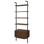 Wendell Walnut 4-Shelf Storage Wall Bookshelf with Drawer - Modern Industrial Style, Walnut Finish, Engineered Wood, 96in H x