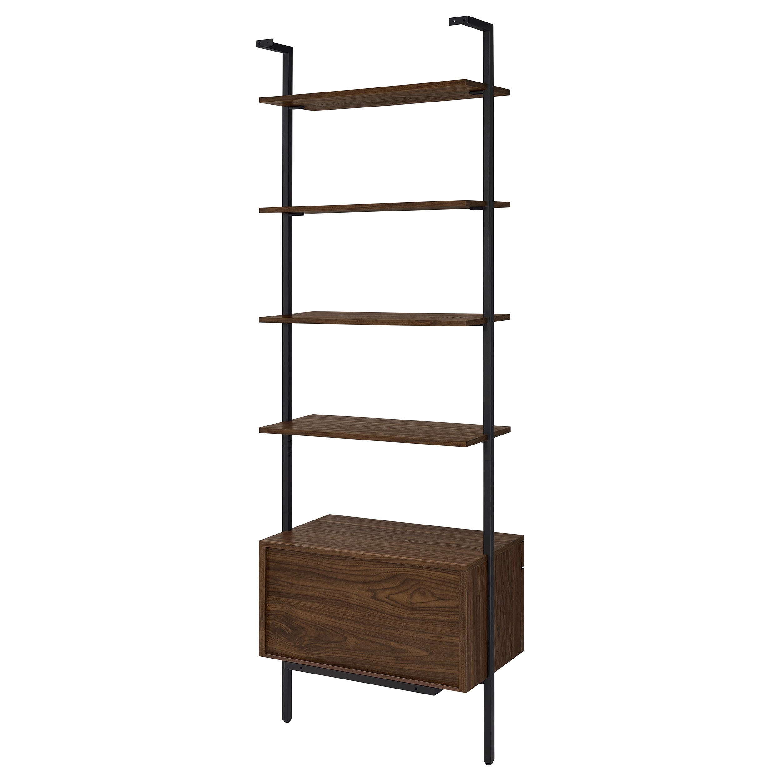 Wendell Walnut 4-Shelf Storage Wall Bookshelf with Drawer - Modern Industrial Style, Walnut Finish, Engineered Wood, 96in H x