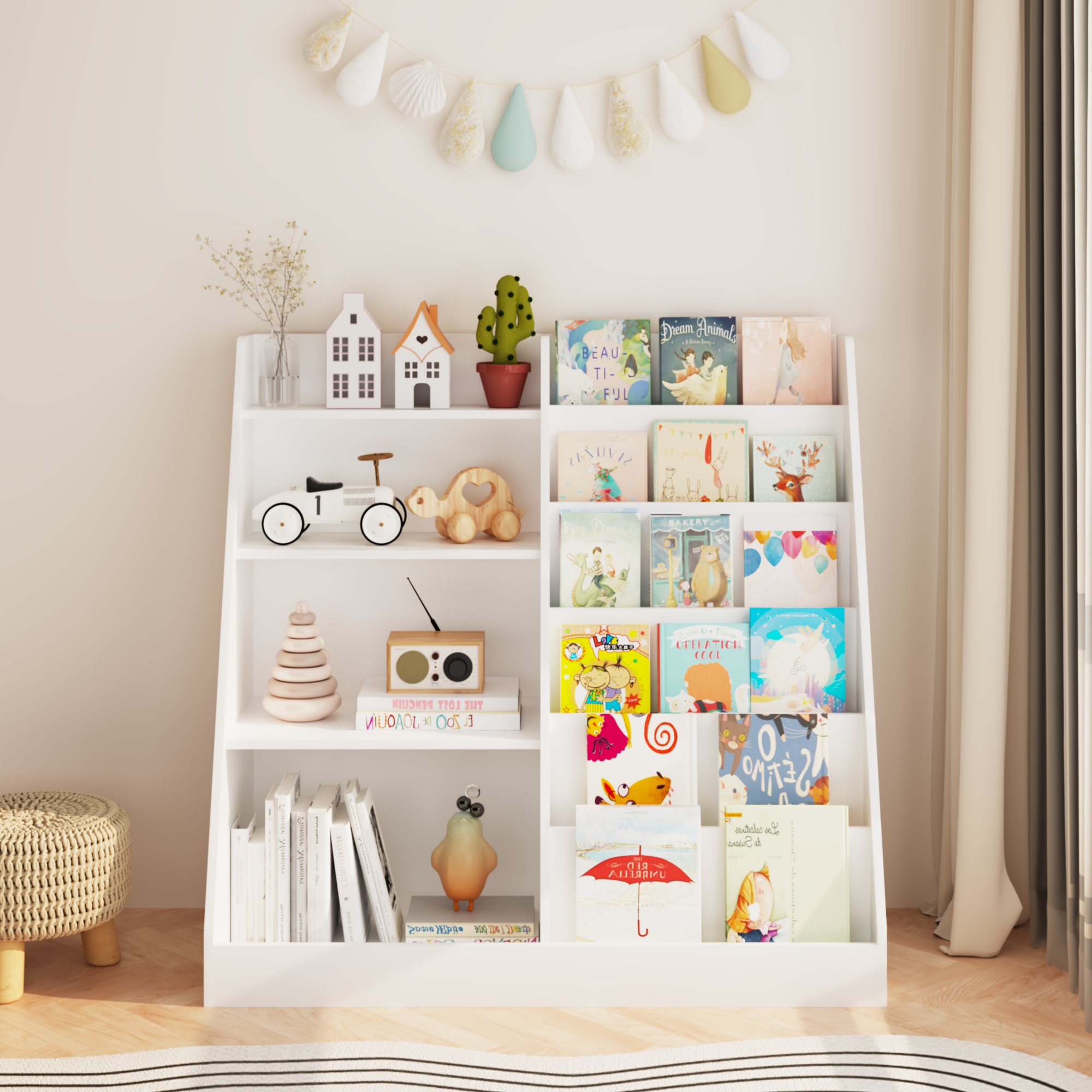 New Kids Bookshelf and Toy Storage Organizer, Multifunctional 4 Tier Wooden Kids Book Shelf with  Bookcase Display Stand in K