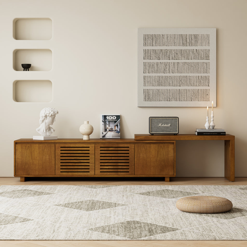 63' Mid-Century Modern Extendable TV Stand for TVs up to 75', Media Console TV Cabinet for Living Room, Farmhouse Entertainment Cabinet with Storage & Adjustable Panel - Grand Goldman Shop