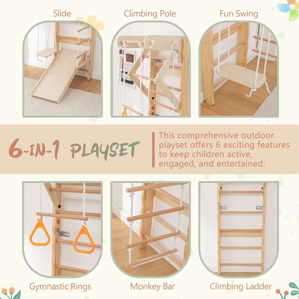 6-in-1 Swedish Ladder Wall Gym, Indoor Kids Playground with Swing, Rope Ladder, Pull-Up Bar, Slide, Gymnastic Rings, Wooden W