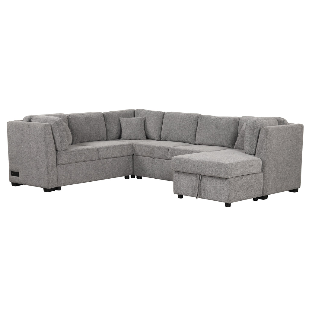 U-shaped Sectional Sofa Pull out Sofa Bed with USB Ports, Power Sockets, Storage Chaise, Light Gray Chenille, 108.6' - Grand Goldman Shop