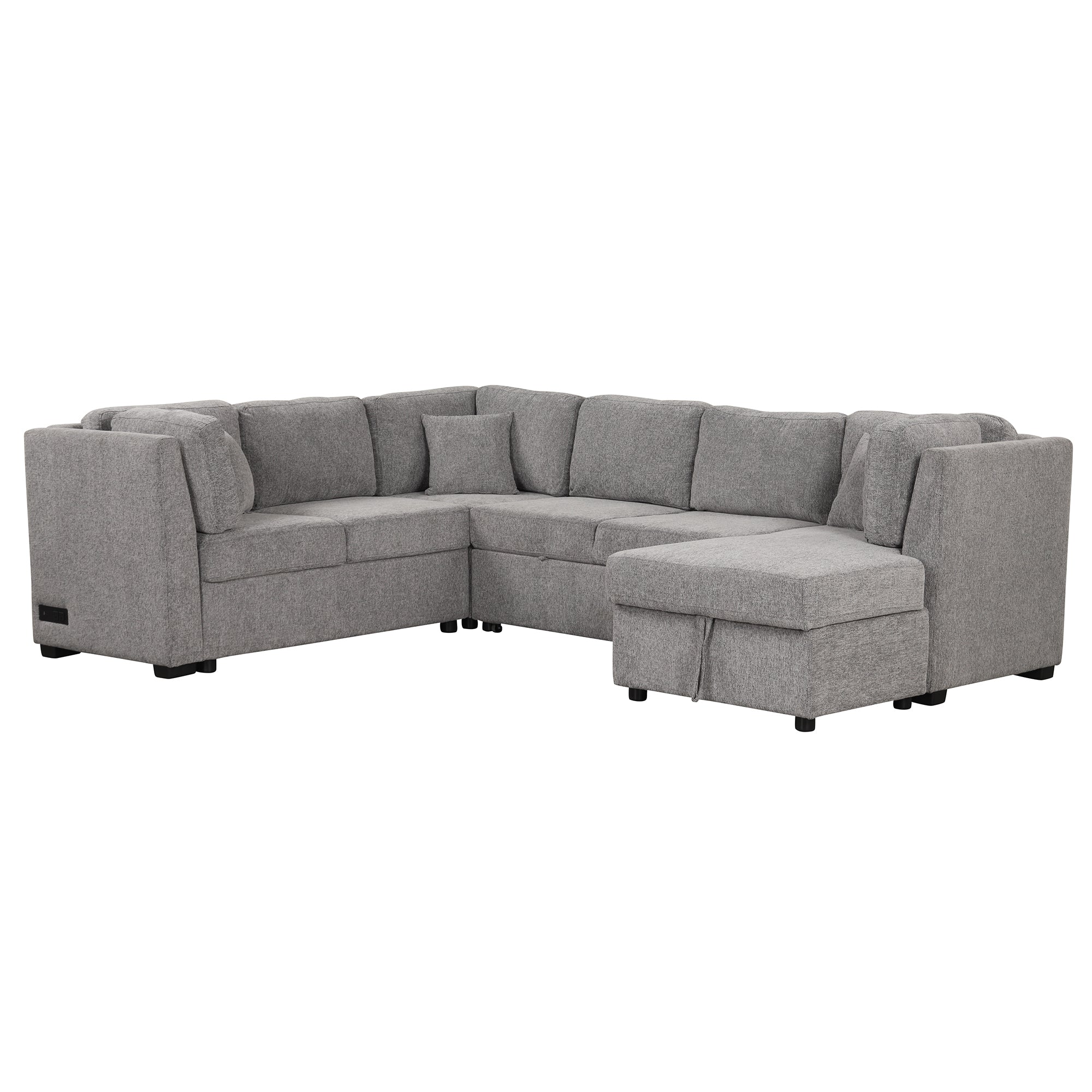 U-shaped Sectional Sofa Pull out Sofa Bed with USB Ports, Power Sockets, Storage Chaise, Light Gray Chenille, 108.6' - Grand Goldman Shop