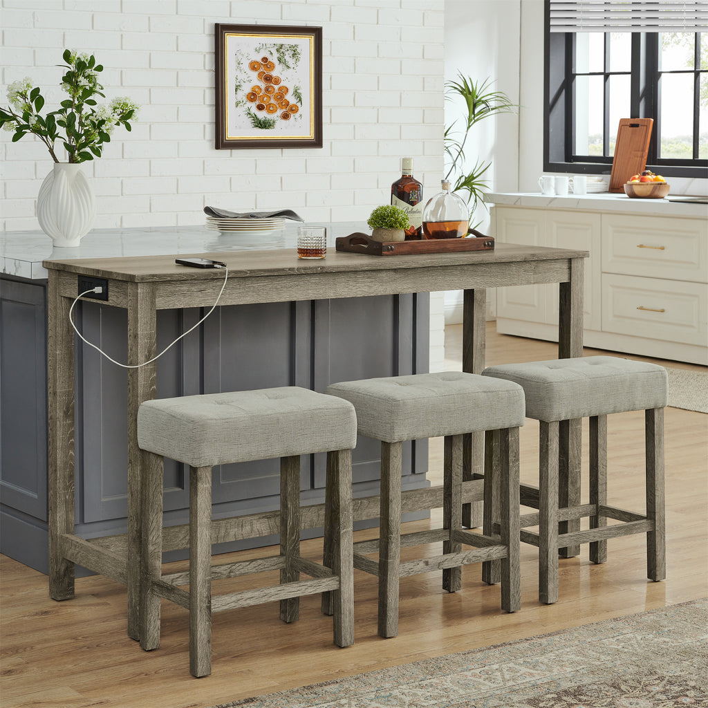 59 Inch Bar Table, Dining Table, Sofa Table with Power Outlet, 3 Upholstered Stools, 4 Piece Bar Table and Chair Set for Living Room, Dining Room, Kitchen - Grand Goldman Shop