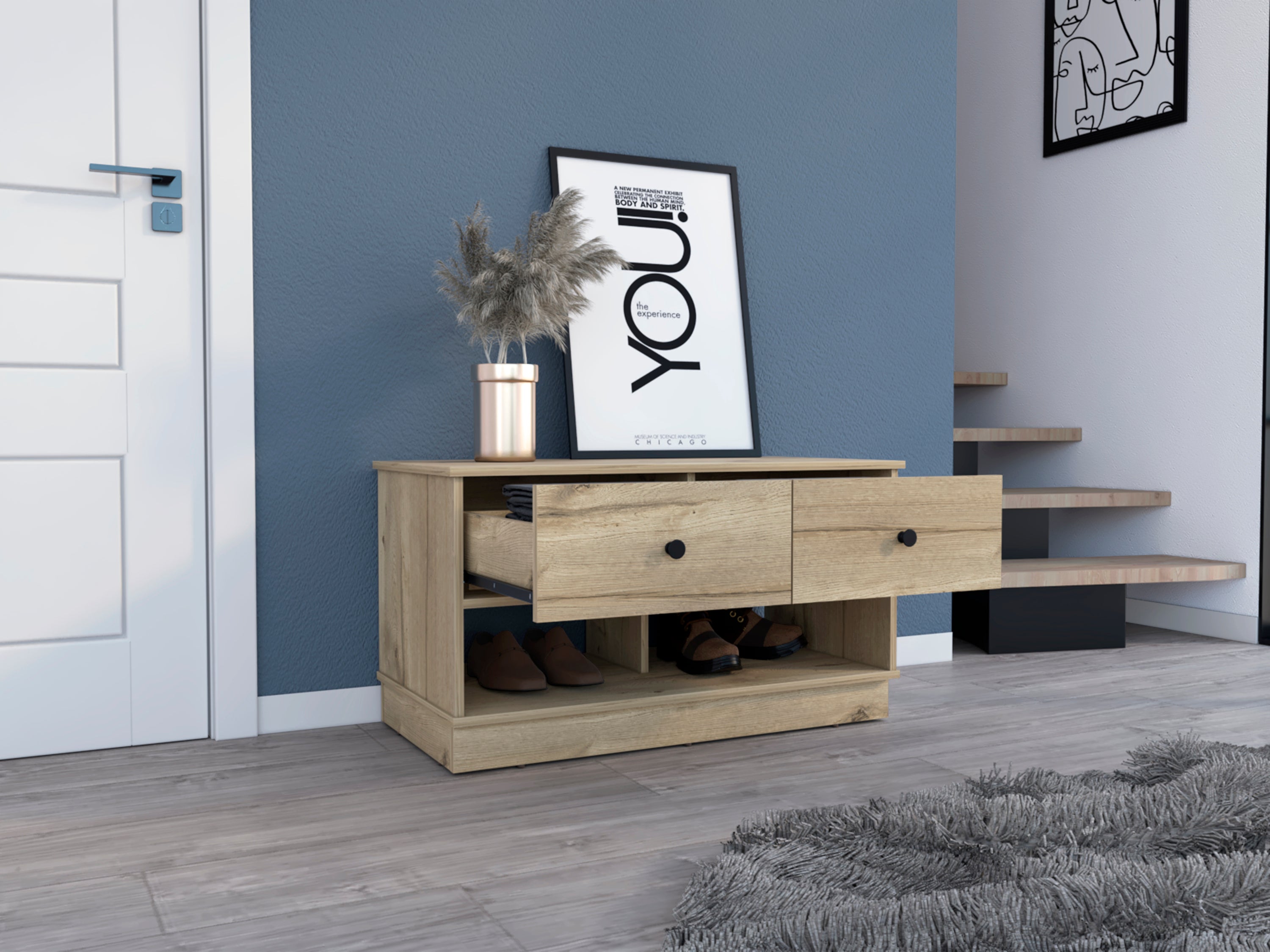 Tulip Storage Bench, Two Drawers, Two Shelves - Grand Goldman Shop