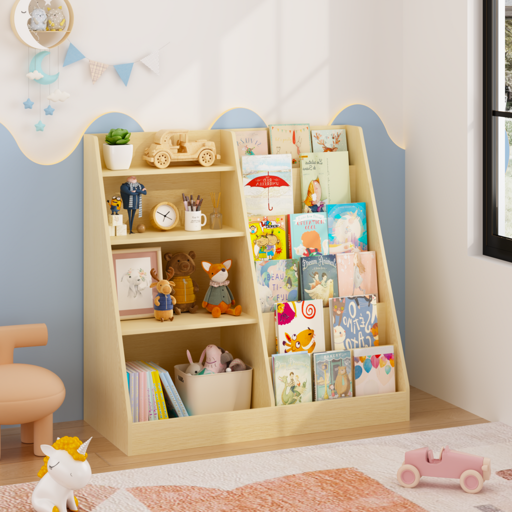 Kids Bookshelf and Toy Storage Organizer, Multifunctional 4 Tier Wooden Kids Book Shelf with  Bookcase Display Stand in Kids 