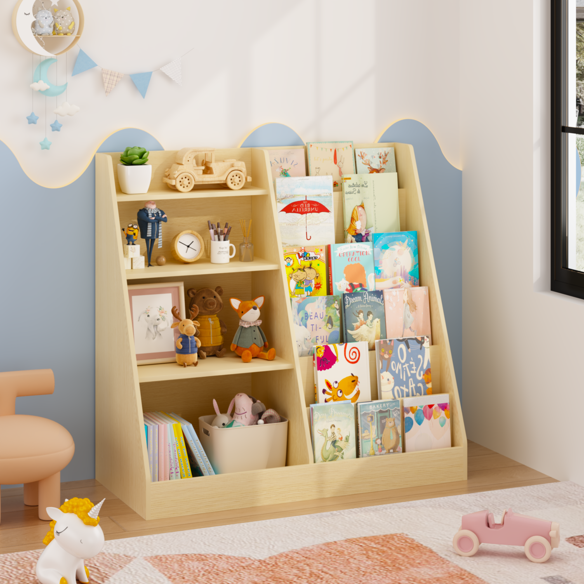 Kids Bookshelf and Toy Storage Organizer, Multifunctional 4 Tier Wooden Kids Book Shelf with  Bookcase Display Stand in Kids 