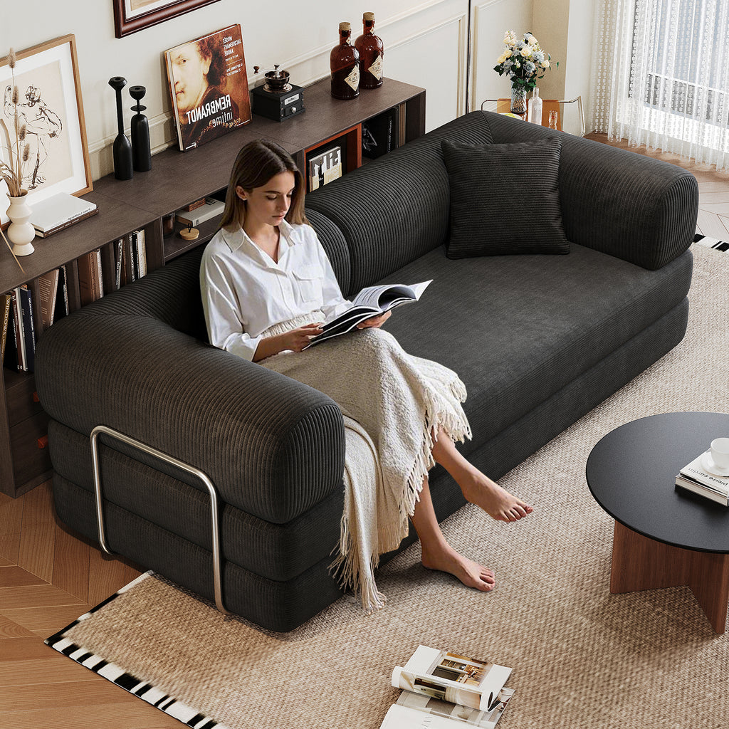 78.8' Compression Sofa,Convertible Floor Sofa Bed-with Pillow Back Support Armrest,Comfy Futon Couch Sleeper Bed,Loveseats Boneless Modular Sectional Sofa,Corduroy fabric,for Living Room,Bedroom,Black - Grand Goldman Shop
