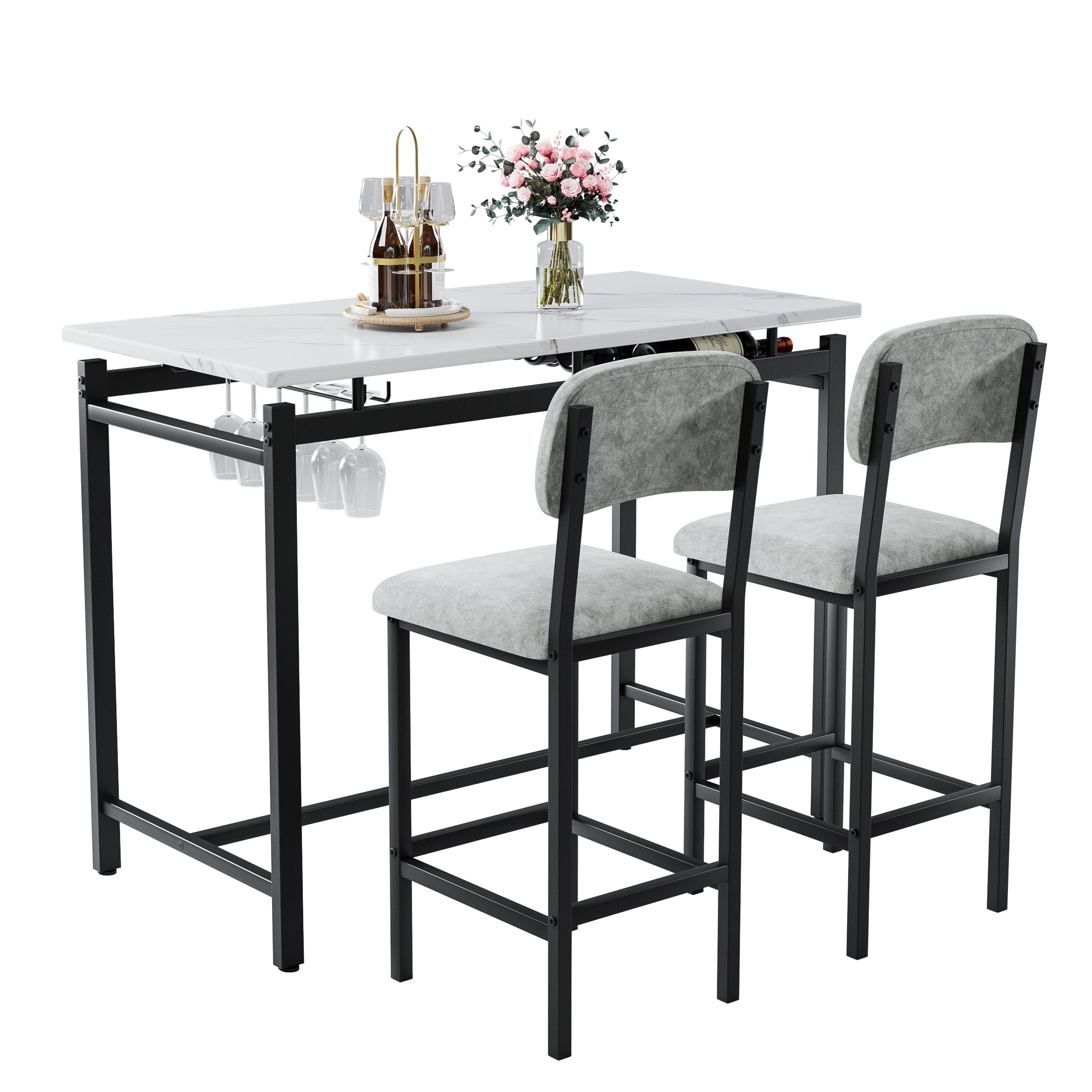Modern Dining Table and Chairs for 2, Marble Finishes Dining Table Set with 2 Upholstered Chairs, Kitchen Table Set Bar Pub Set for Breakfast Nook, Dining Room, Rustic Black, Grey Chair - Grand Goldman Shop