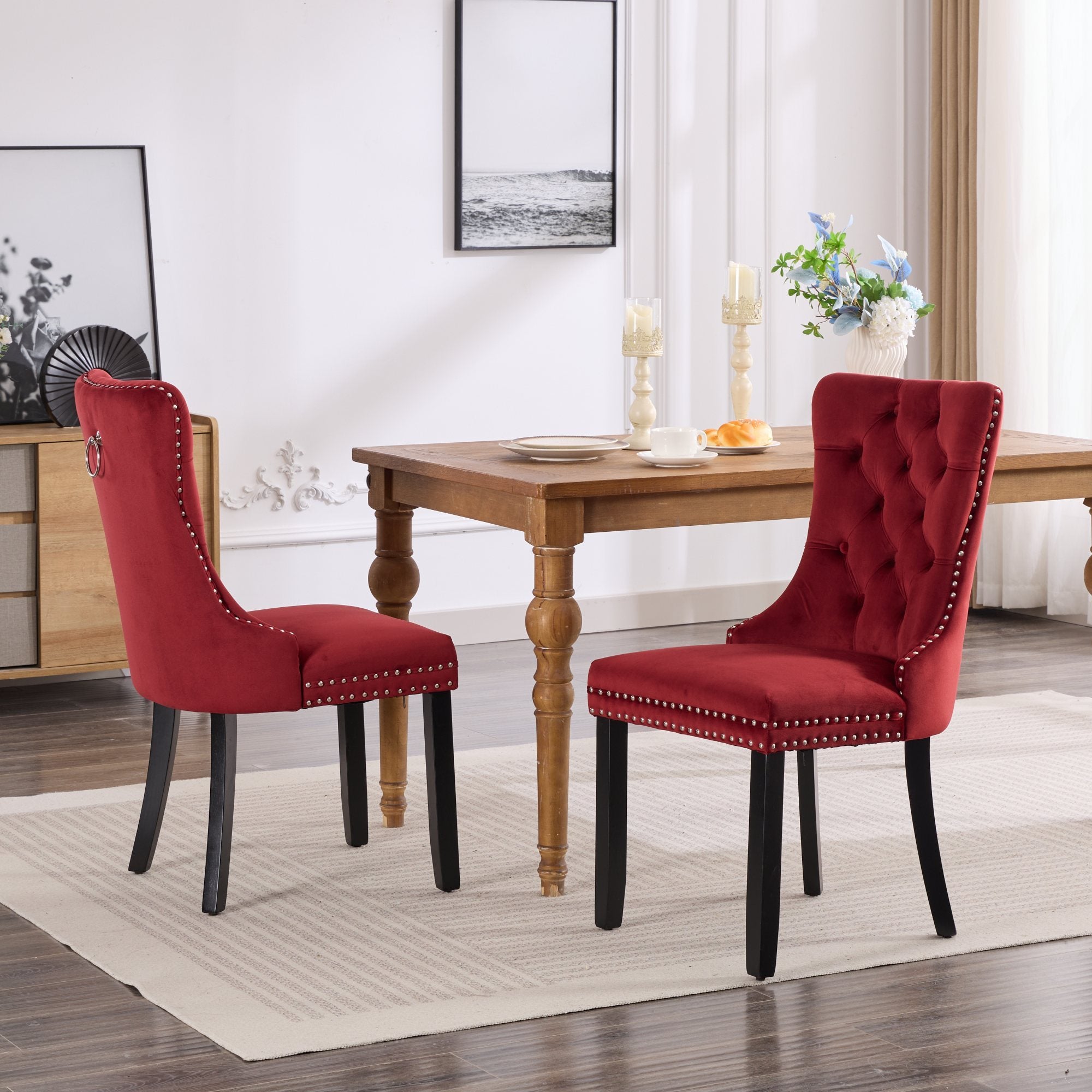 Classic Velvet Dining Chairs,  High-end Tufted Solid Wood Contemporary Velvet Upholstered Dining Chair with Wood Legs Nailhead, SET OF 2,Burgundy, Wine Red,SW2001WR - Grand Goldman Shop