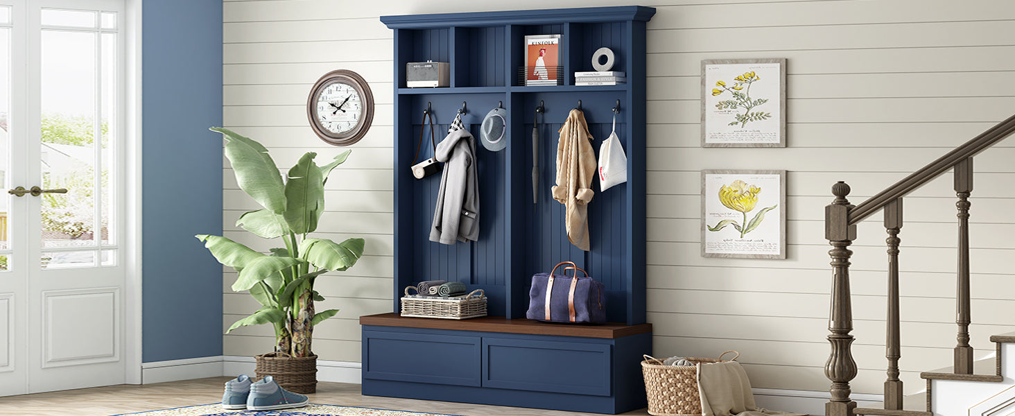 Farmhouse 4-in-1 Hall Tree with Wood Grain Bench, Mudroom Versatile Coat Rack with 2 Large Drawer, Entrance Organizer for Hallway, Living Room, Blue, 55.9'W (OLD SKU: N721P313099C) - Grand Goldman Shop
