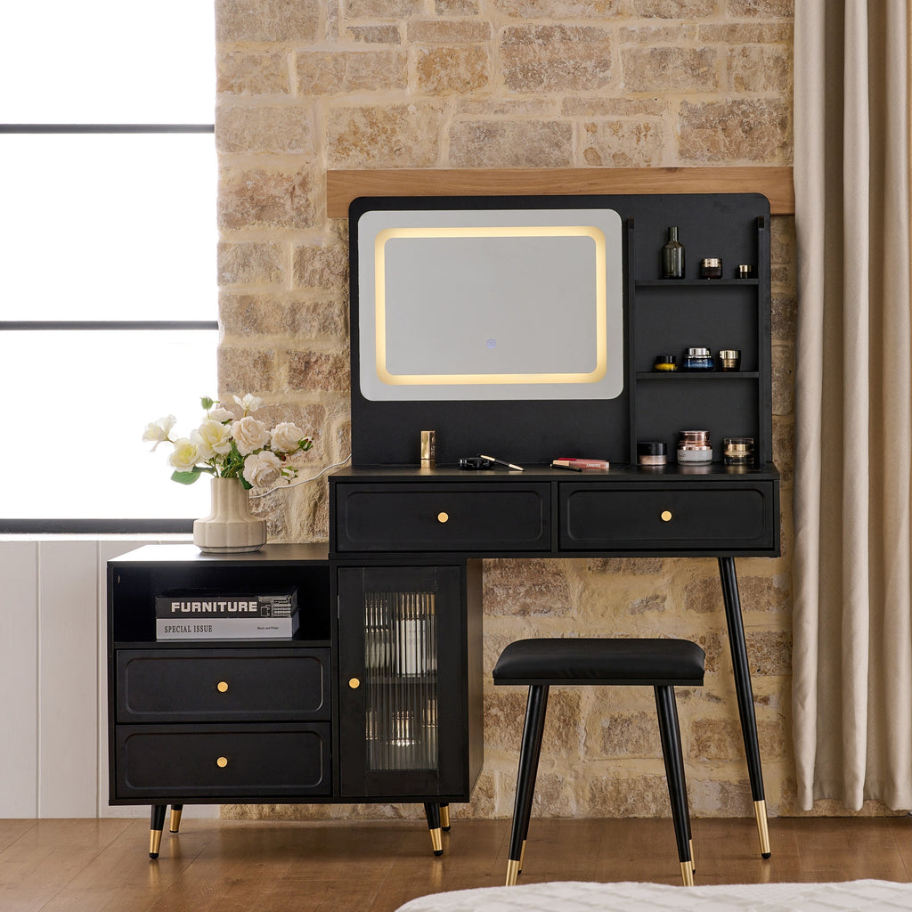 Modern Makeup Vanity Desk with Mirror and Lights, Retractable Design, Black Engineered Wood, 58.50 x 15.80 x 52.30 inches - Grand Goldman Shop