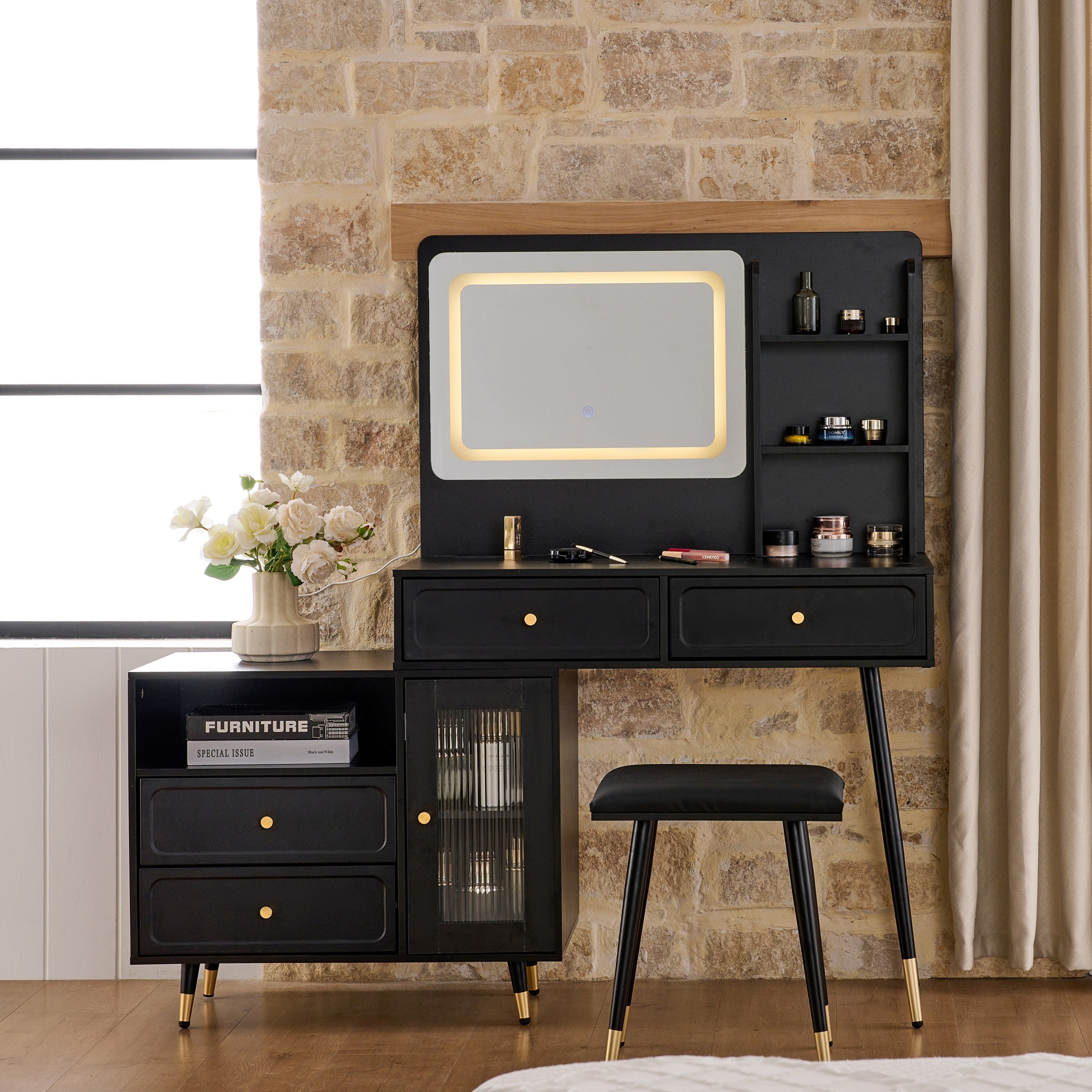 Modern Makeup Vanity Desk with Mirror and Lights, Retractable Design, Black Engineered Wood, 58.50 x 15.80 x 52.30 inches - Grand Goldman Shop