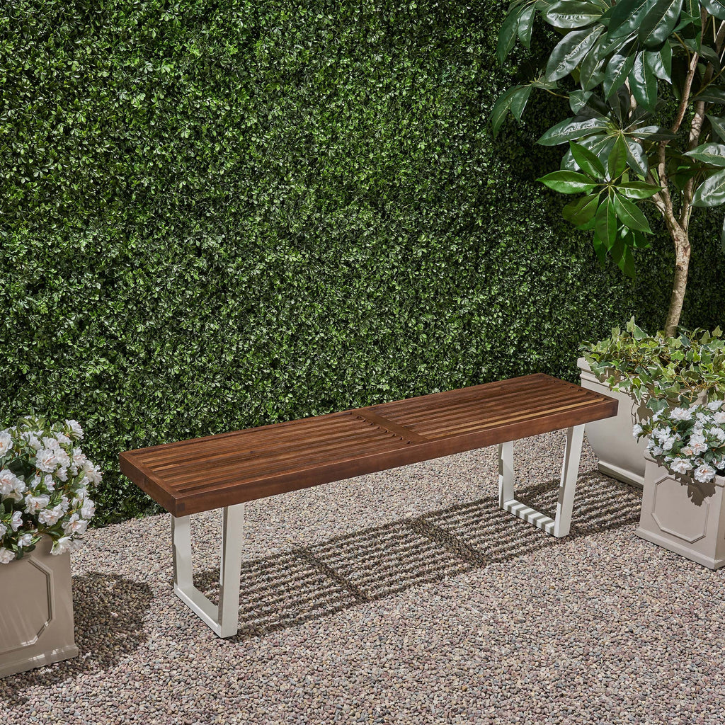 Intrinsic Outdoor Dining Bench with Iron Legs and Slat Top, Dark Brown and White - Grand Goldman Shop