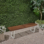 Intrinsic Outdoor Dining Bench with Iron Legs and Slat Top, Dark Brown and White - Grand Goldman Shop