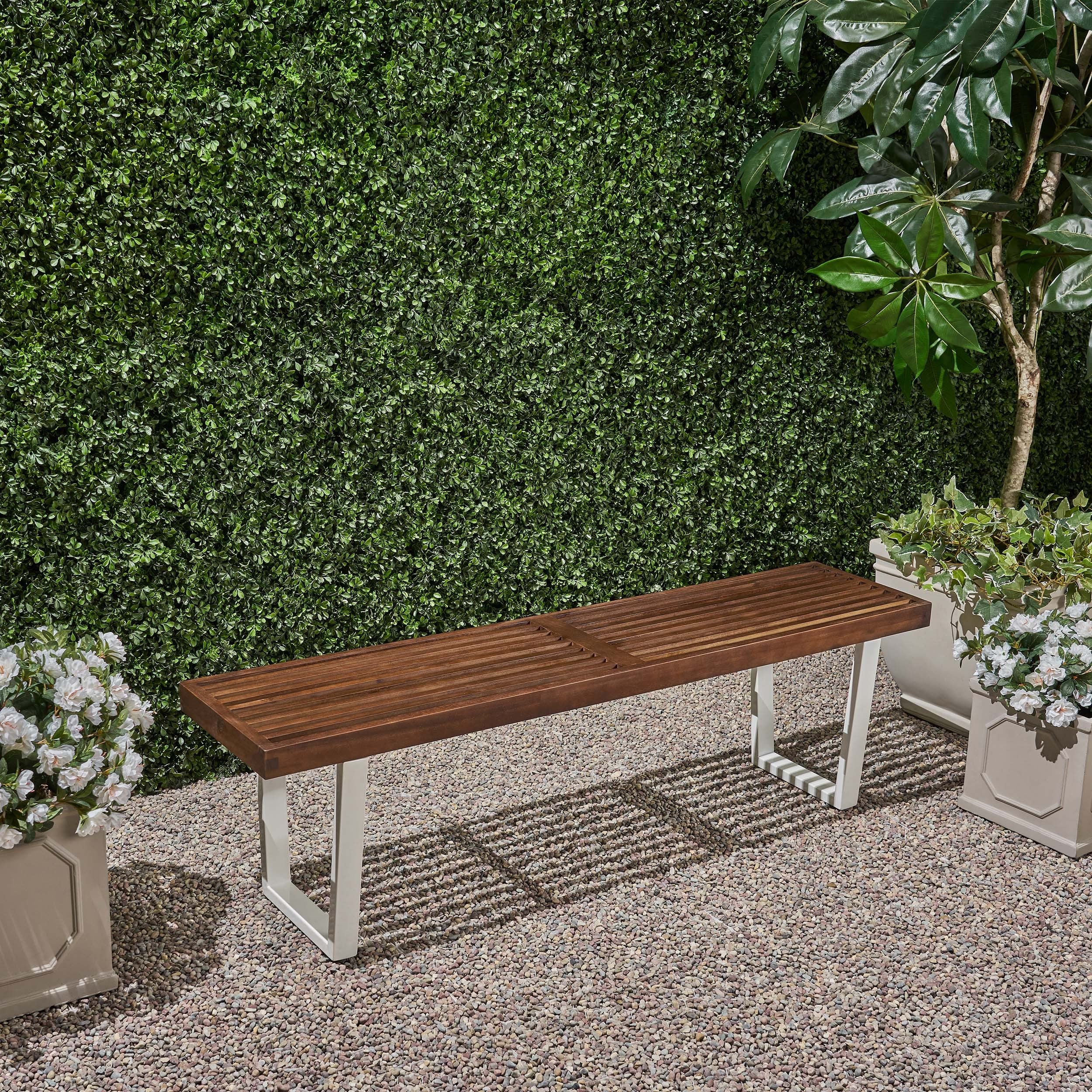 Intrinsic Outdoor Dining Bench with Iron Legs and Slat Top, Dark Brown and White - Grand Goldman Shop