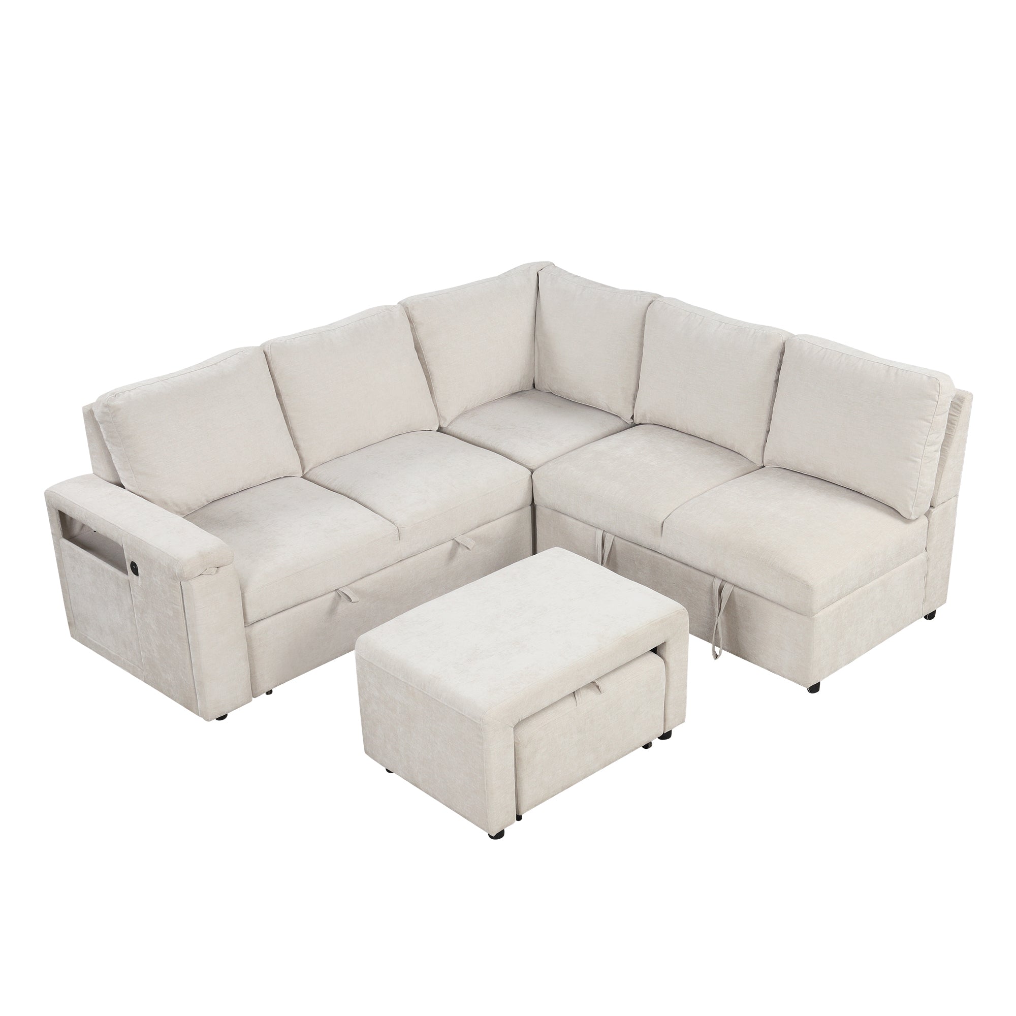 U_STYLE L-shaped Pull-Out Sofa Bed with Storage, USB Ports, and Cup Holders, Modular Design for Living Rooms, Offices & Apartments - Grand Goldman Shop