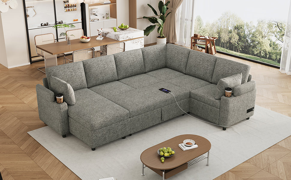 Versatile Light Grey Chenille Sectional Sofa Bed with Storage, Cup Holders & Charging Ports, 109.9' - Grand Goldman Shop