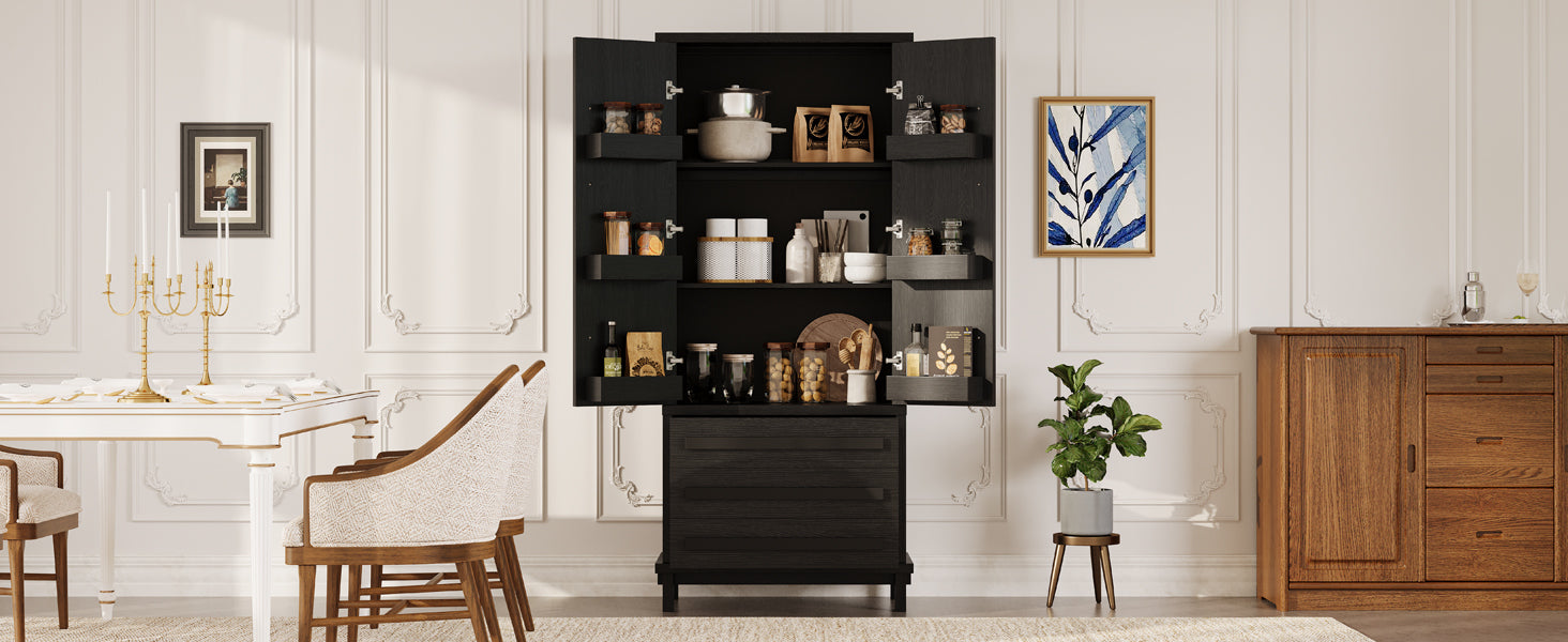 70' Kitchen Pantry Cabinet with 2 Cabinet Shelves,Luxurious Wooden Cupboard with 6 Door Shelves and 3 Drawers for Kitchen, Dining Room,Black - Grand Goldman Shop