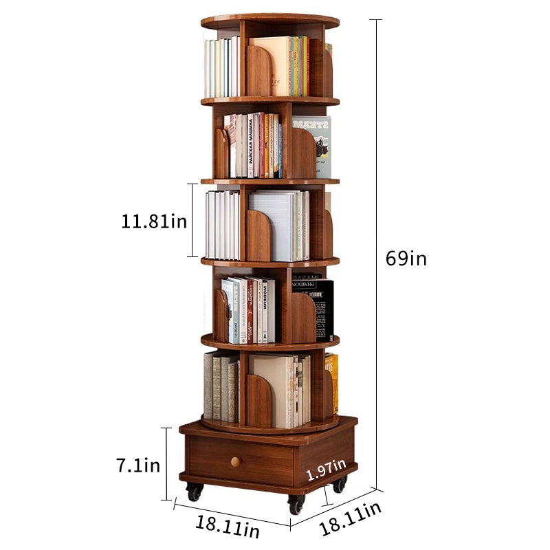 (UPGRADED) Rotating Bookshelf, 360 Display Corner Bookshelf for Small Space, 6 Tier Bookcase Storage Rack with Wheels, Wood Narrow Organizer for Bedroom, Living Room, Study Room, Walnut Brown - Grand Goldman Shop