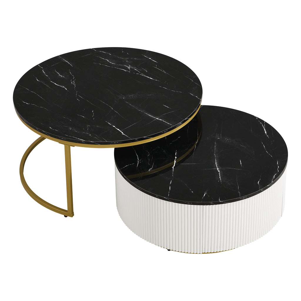 Modern Round Nesting Coffee Table Fluted with Drawer in Black & Gold in 31.5'' - Grand Goldman Shop