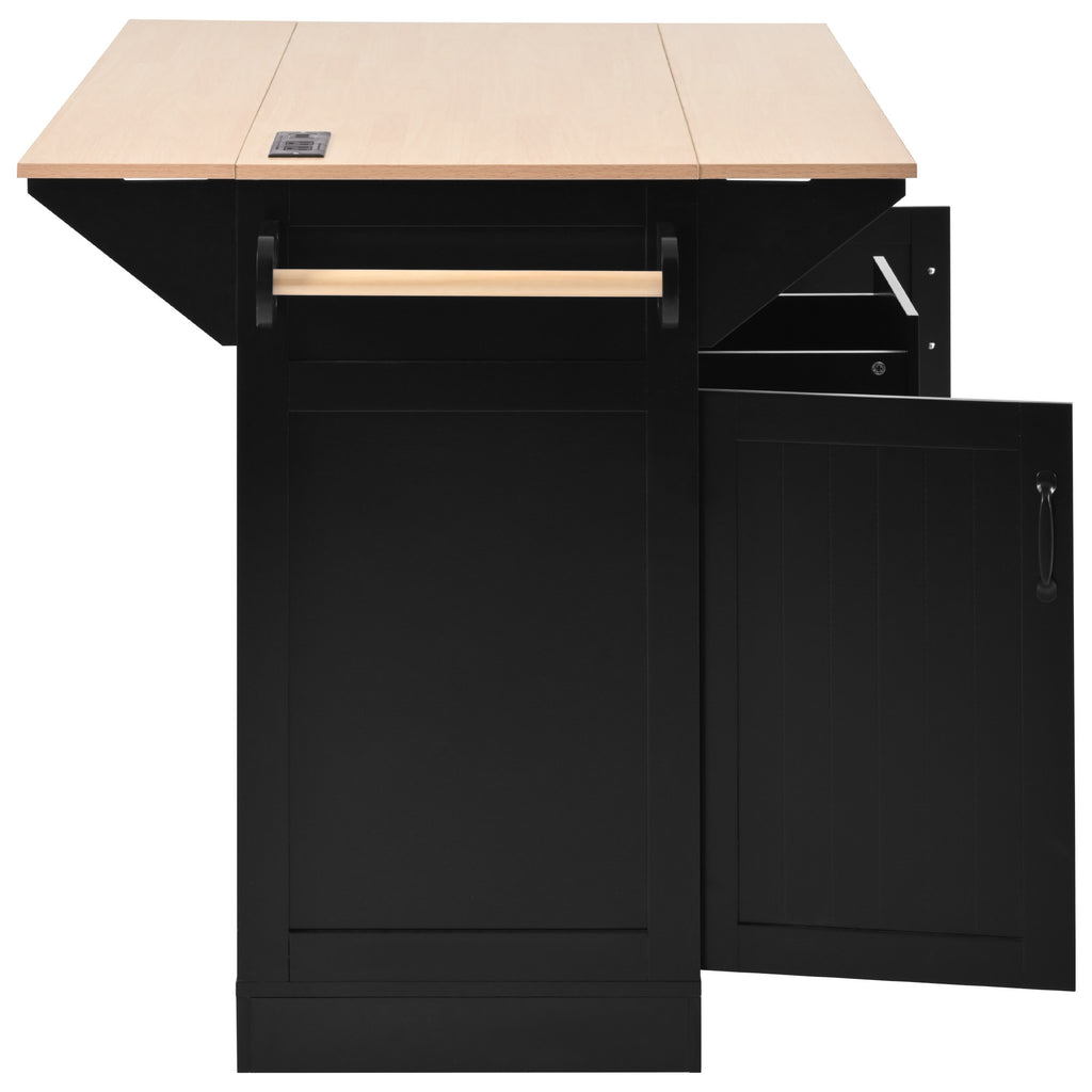 K&K 55.7'' Large Kitchen Island with 2 Drop Leaf,, Rolling Kitchen Cart on 5 Wheels with Power Outlet, Folding Storage Dining Table with Spice & Towel Rack , 3 Drawers, for Kitchen, Dining Room,Black - Grand Goldman Shop