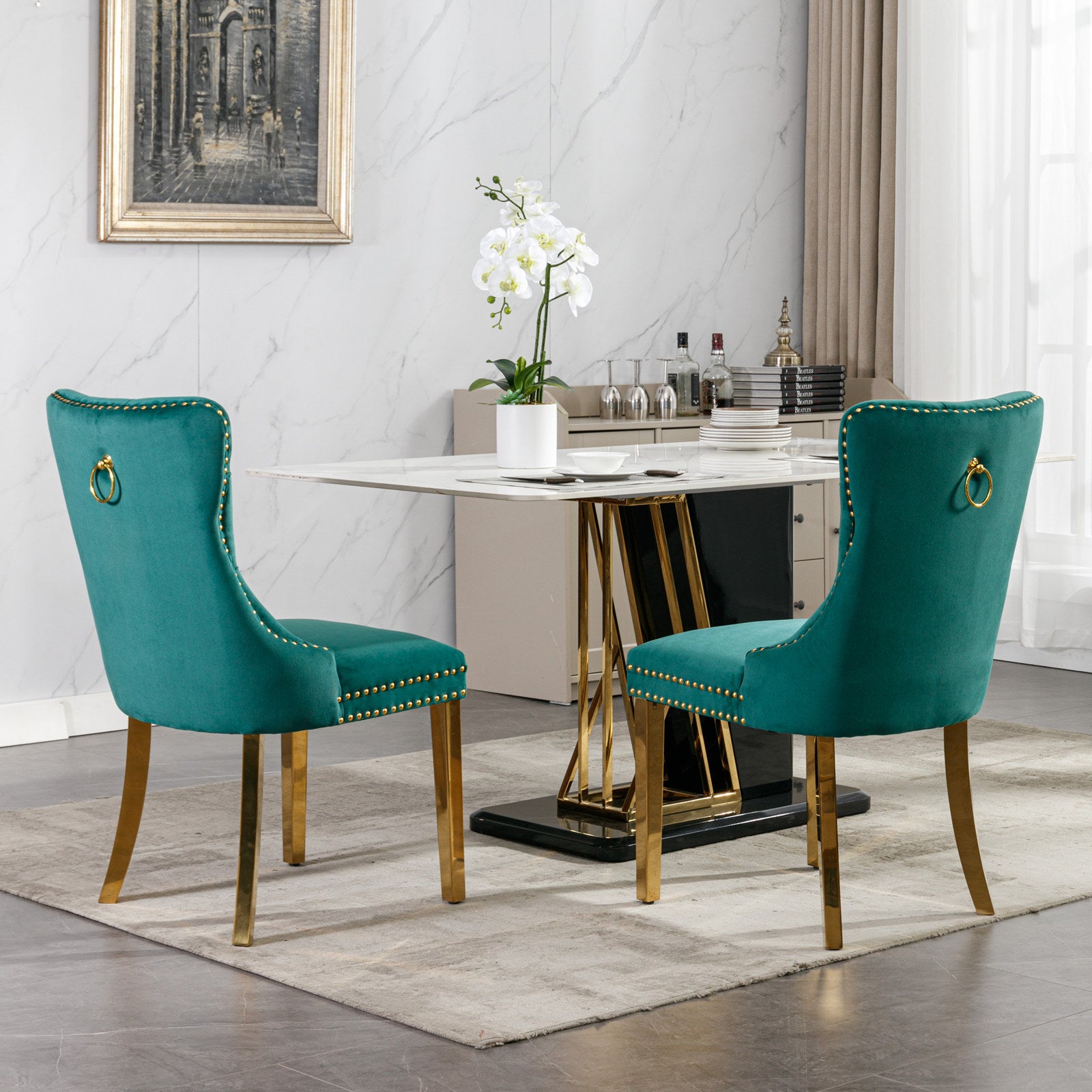 A&A Furniture,Nikki Collection Modern, High-end Tufted Solid Wood Contemporary Velvet Upholstered Dining Chair with Golden Stainless Steel Plating Legs,Nailhead Trim,Set of 2，Black and Gold, SW1601GN - Grand Goldman Shop