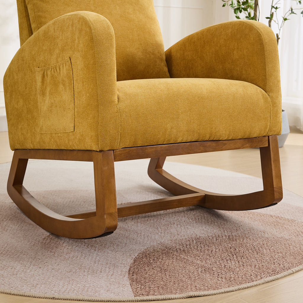27.2'W Rocking Chair for Nursery, Polyester Glider Chair with High Back and Side Pocket, Rocking Accent Armchair with Rubber Wood Legs for Living Room/Bedroom.Mustard - Grand Goldman Shop