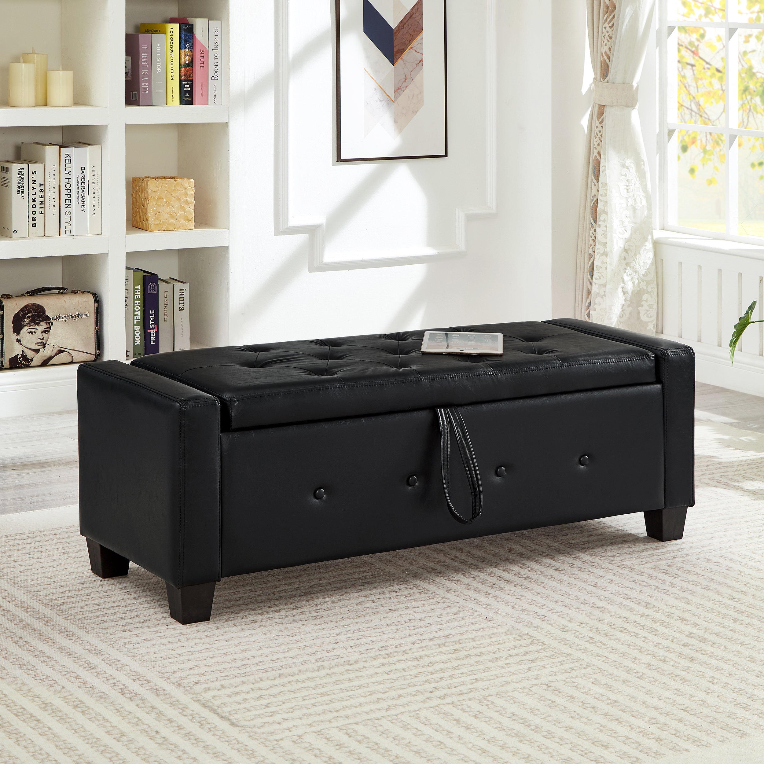 48' Ottoman Bench with Storage, Bench for Bedroom,Living Room,Hallway, Upholstered Tufted Faux Leather PU Ottoman Black - Grand Goldman Shop