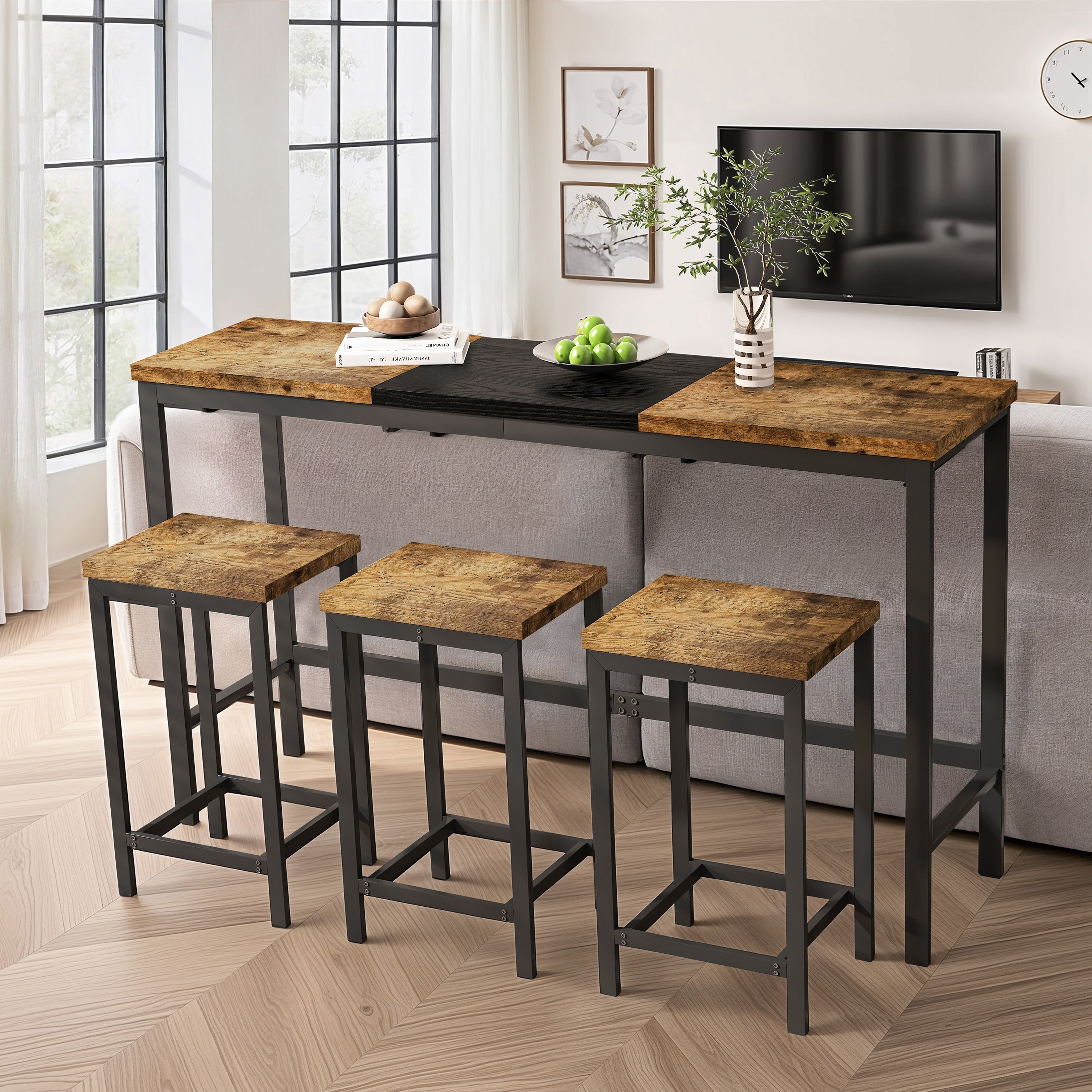 Modern Design Kitchen Dining Table, Pub Table, Long Dining Table Set with 3 Stools, Convenient Hanging Stool Design, Natural+Black,(Same SKU:W757P146463) - Grand Goldman Shop