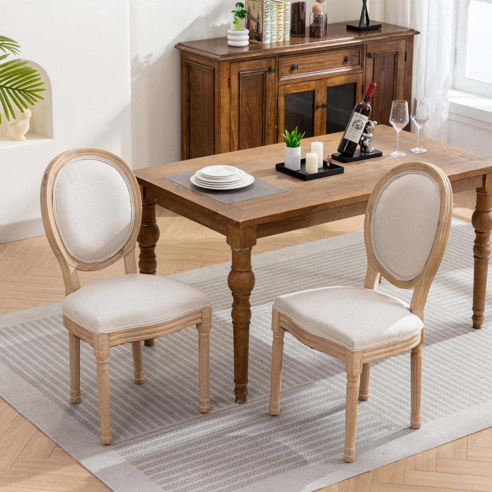 A&A Furniture,French Style Solid Wood Frame Antique Painting Linen Fabric Back Dining Chair,Set of 2,Beige,SW1845BG - Grand Goldman Shop
