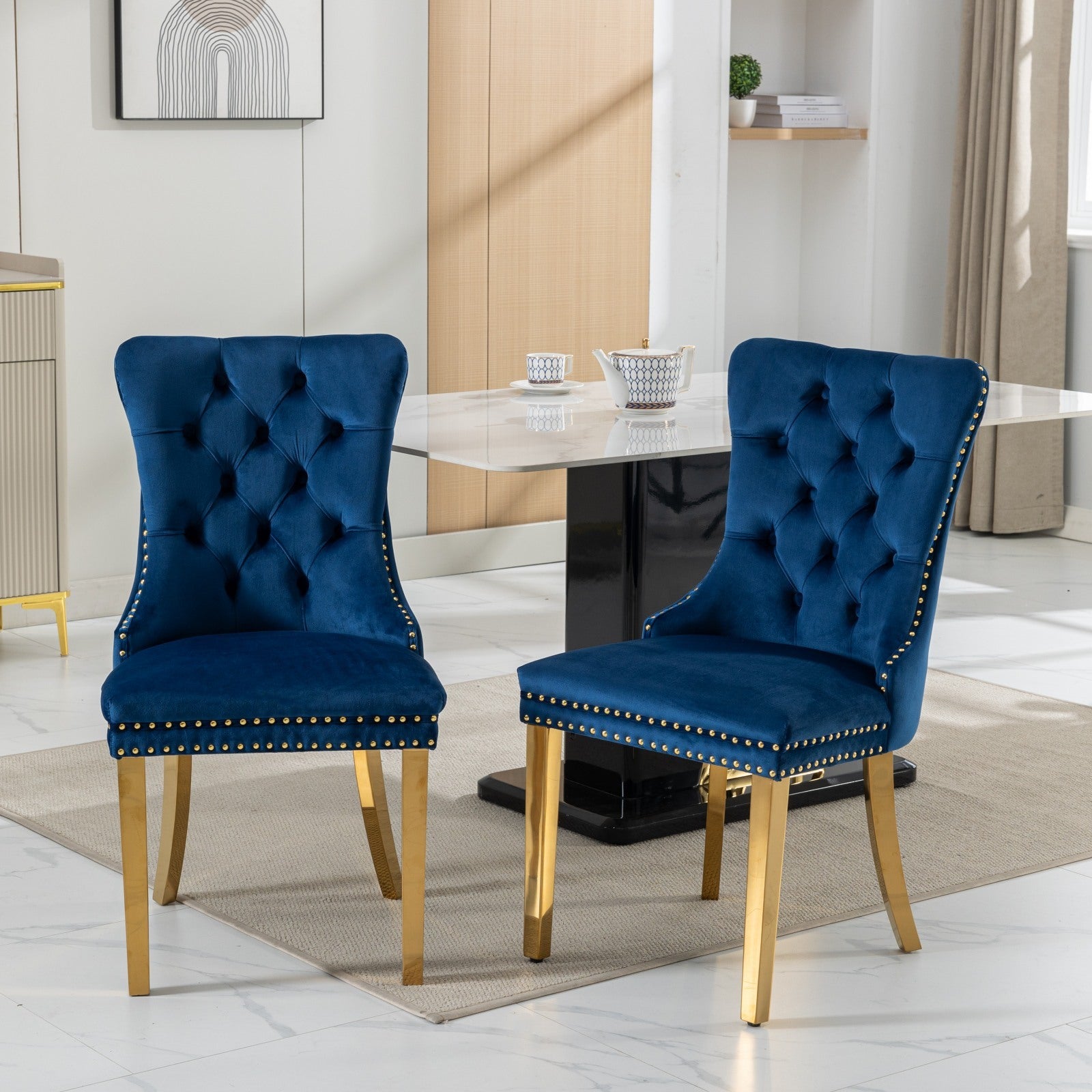 A&A Furniture,Nikki Collection Modern, High-end Tufted Solid Wood Contemporary Velvet Upholstered Dining Chair with Golden Stainless Steel Plating Legs,Nailhead Trim,Set of 2,Blue and Gold, SW1601BL - Grand Goldman Shop