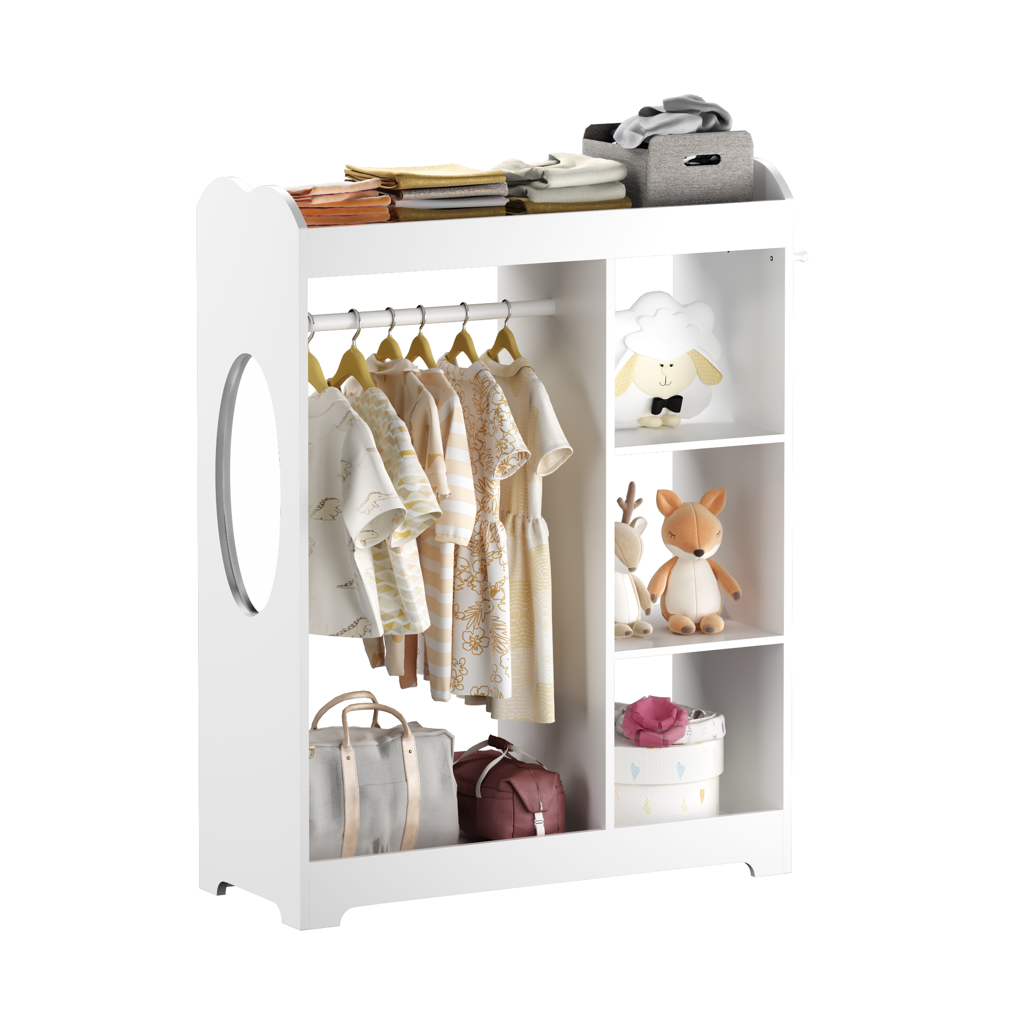 Kids Dress Up Storage with Mirror and Hooks, Wooden Dress Up Clothes Rack with Hanging Rod, 3 Side Hooks, Storage Shelves and