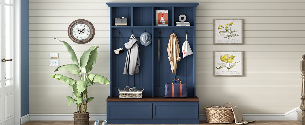 Farmhouse 4-in-1 Hall Tree with Wood Grain Bench, Mudroom Versatile Coat Rack with 2 Large Drawer, Entrance Organizer for Hallway, Living Room, Blue, 55.9'W (OLD SKU: N721P313099C) - Grand Goldman Shop