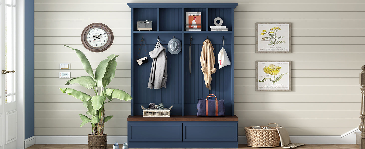 Farmhouse 4-in-1 Hall Tree with Wood Grain Bench, Mudroom Versatile Coat Rack with 2 Large Drawer, Entrance Organizer for Hallway, Living Room, Blue, 55.9'W (OLD SKU: N721P313099C) - Grand Goldman Shop