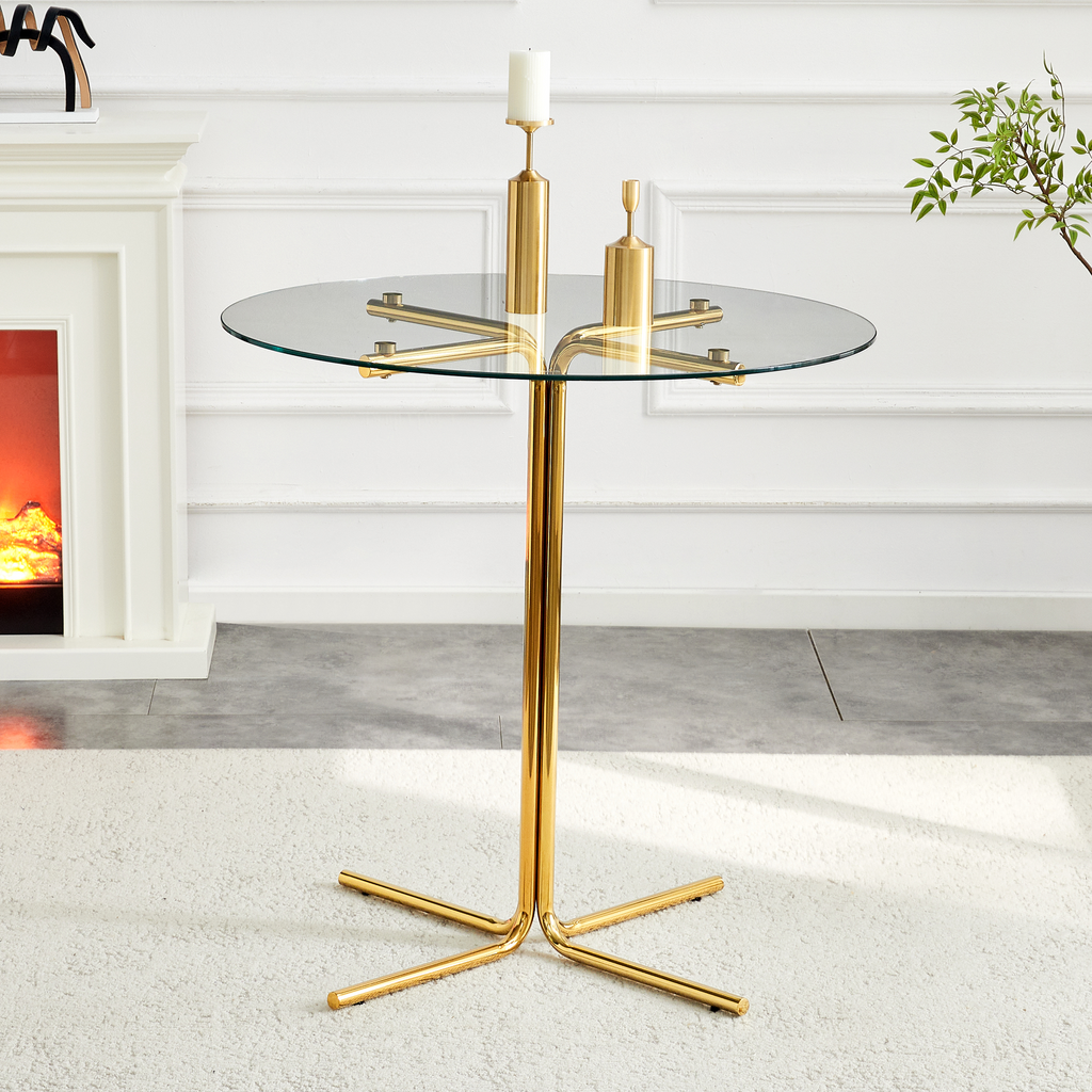 Round glass bar high table, 36 inch round bar table, tempered glass tabletop, sturdy gold chrome plated four column support, suitable for transparent round bar tables in small spaces, kitchens - Grand Goldman Shop