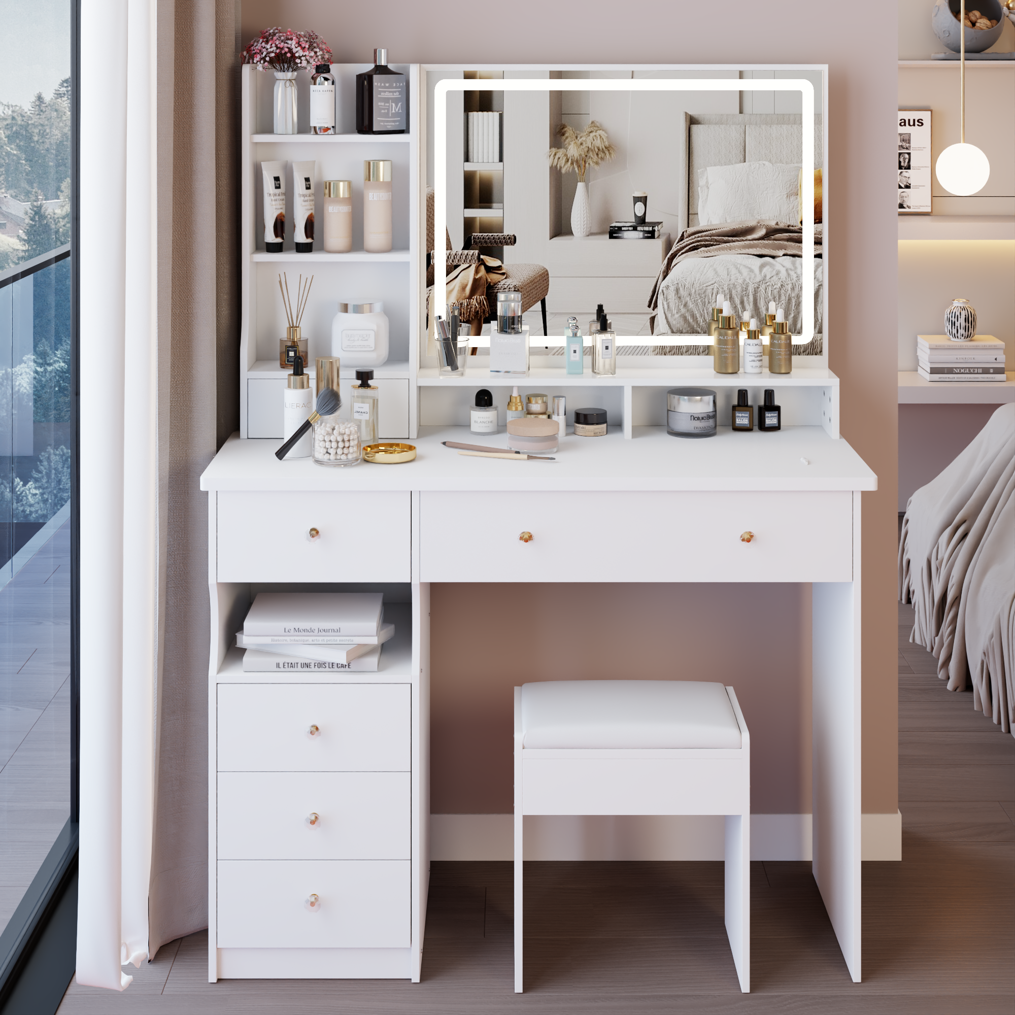 41' Large Sized Desktop Vanity Table + Cushioned Stool, Oversized desktop, Large Touch Control LED Mirror, 3-color Switch, Multi Layer High Capacity Storage Fashion Dresser, EPA, GCC, UL Certificate - Grand Goldman Shop