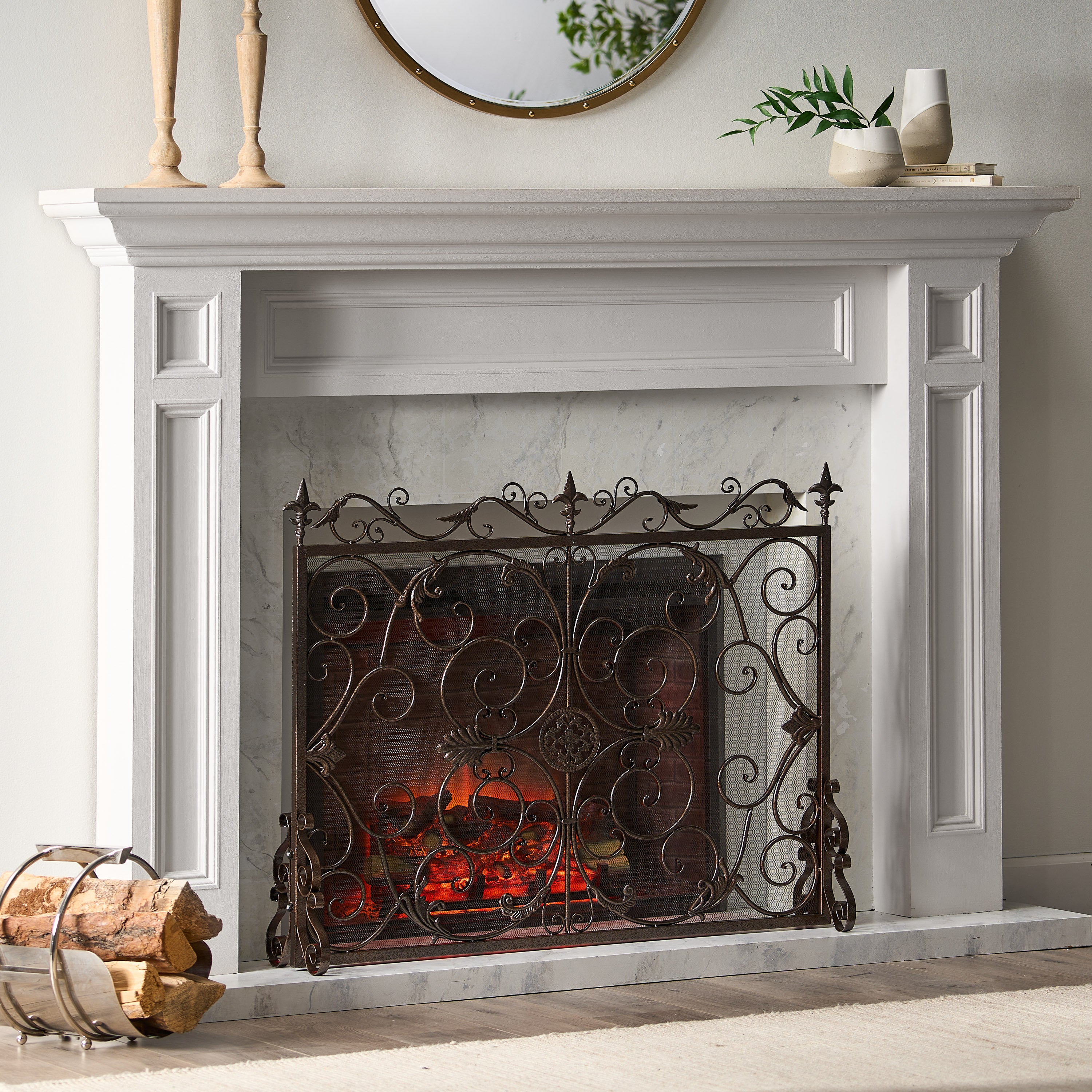 Darcie Wrought Iron Fireplace Screen Gold Finish Ornate Design 44.5 x 9.75 x 35 inches - Grand Goldman Shop