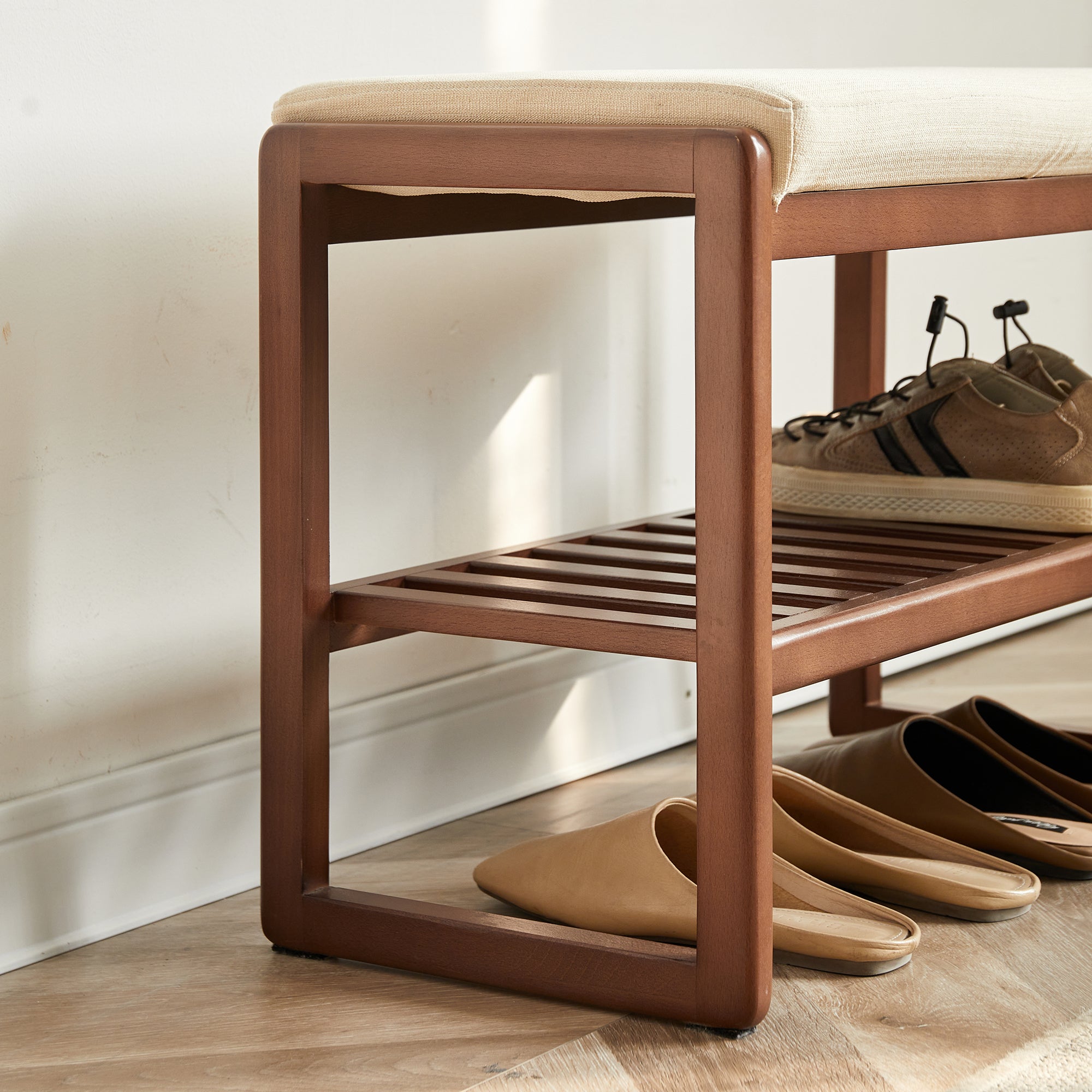 (Walnut Color) Solid Wood Shoe Bench, Beech Wood Storage Rack Organizer with High Rebound Sponge Cushion - Grand Goldman Shop