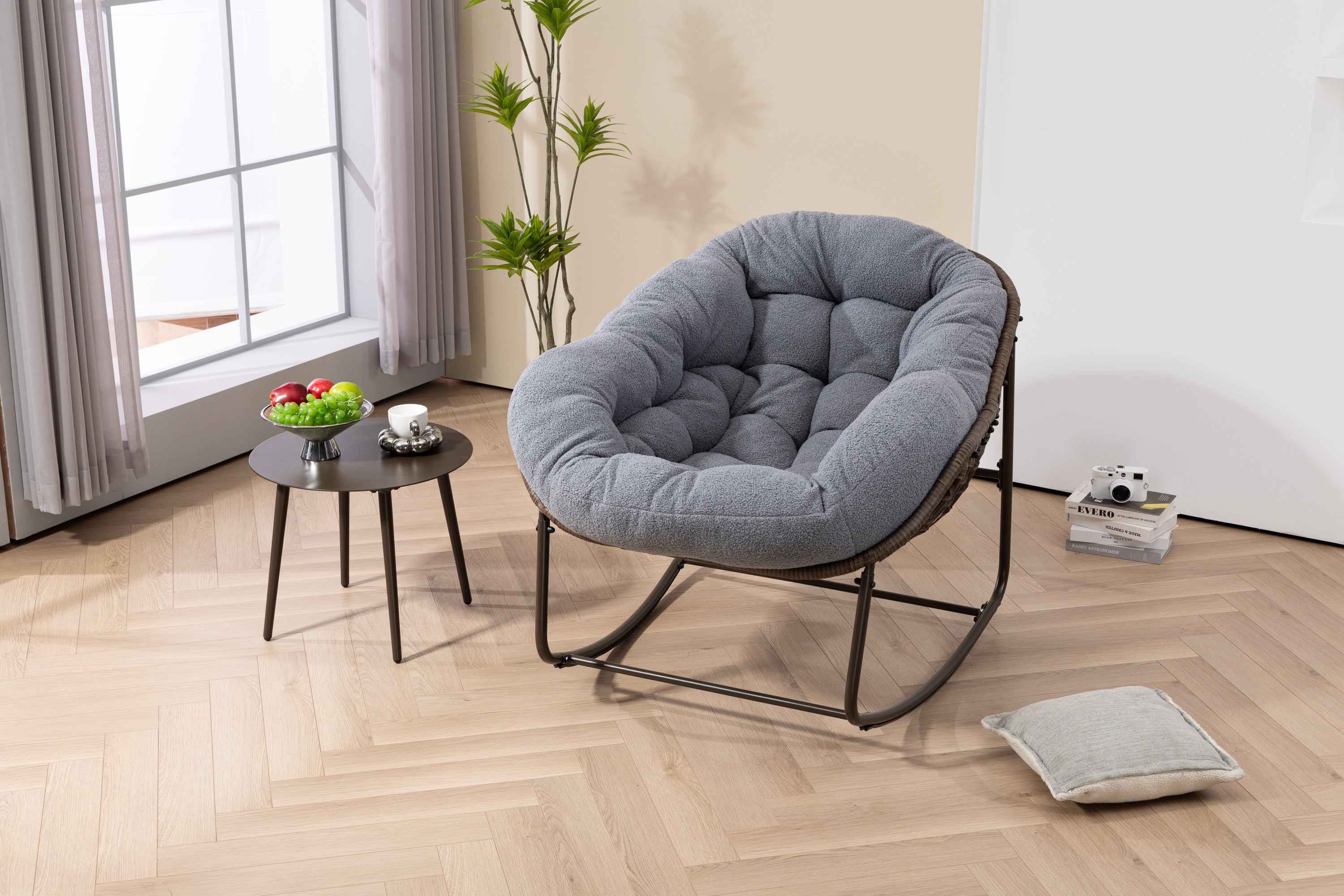 Outdoor Rattan Rocking Chair,Padded Cushion Rocker Recliner Chair Outdoor for Front Porch, Living Room, Patio, Garden, Grey - Grand Goldman Shop