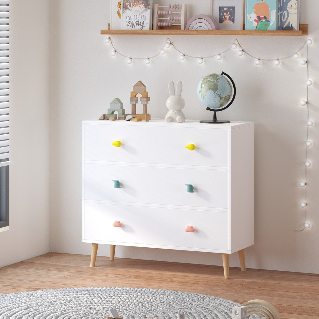 Kids 3 Drawer Dresser, White Nursery Storage Cabinet with Anti-Tip Safety Feature, Solid Wood and MDF Construction, Compact D
