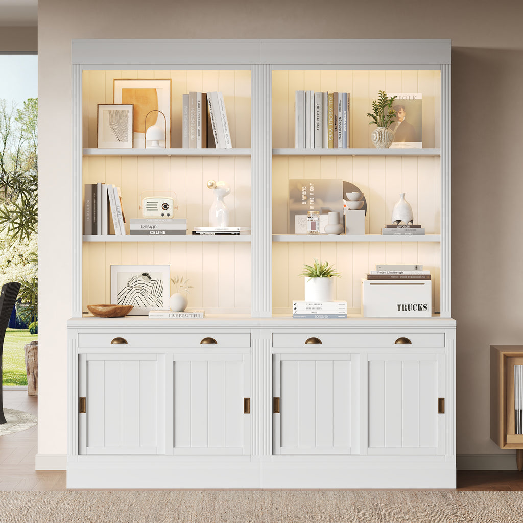 83.4'Tall Bookshelf Suite with LED Lighting, Modern Bookcase Suite with Sliding Doors,Drawers and Open Shelves,Storage Booksh