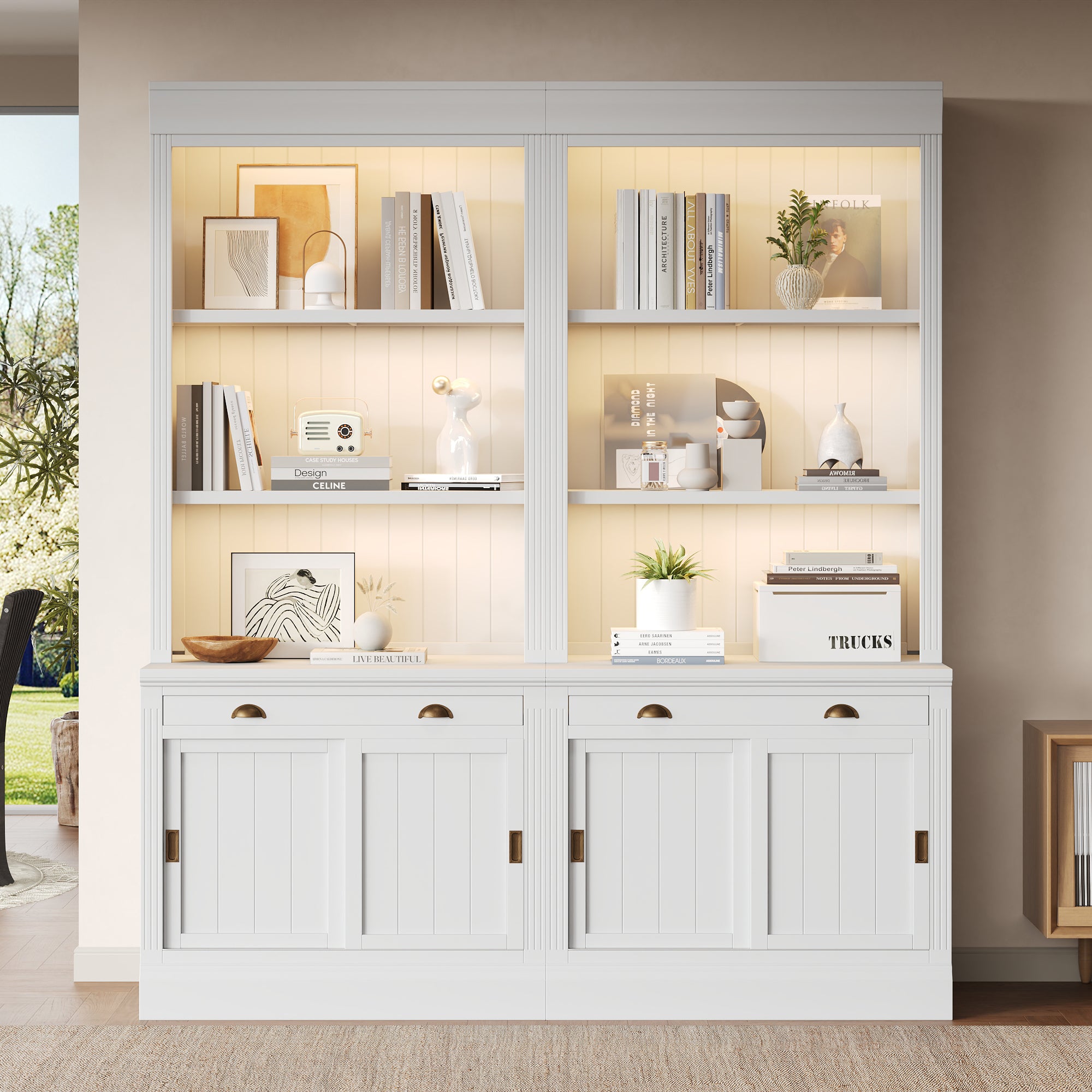 83.4'Tall Bookshelf Suite with LED Lighting, Modern Bookcase Suite with Sliding Doors,Drawers and Open Shelves,Storage Booksh