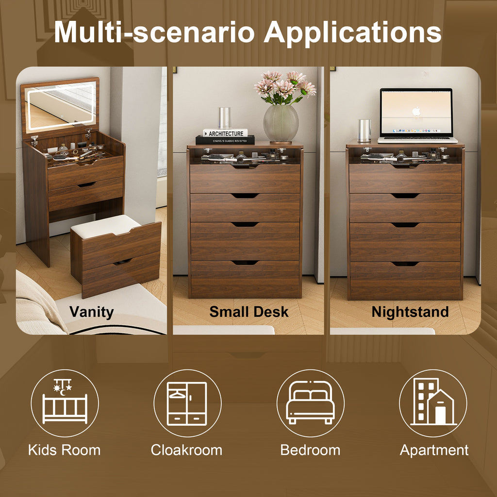 3-in-1 Vanity Desk with Flip Top Lighted Mirror & Storage Stool, Compact Makeup Dressing Table in Walnut Finish, 23.62L - Grand Goldman Shop