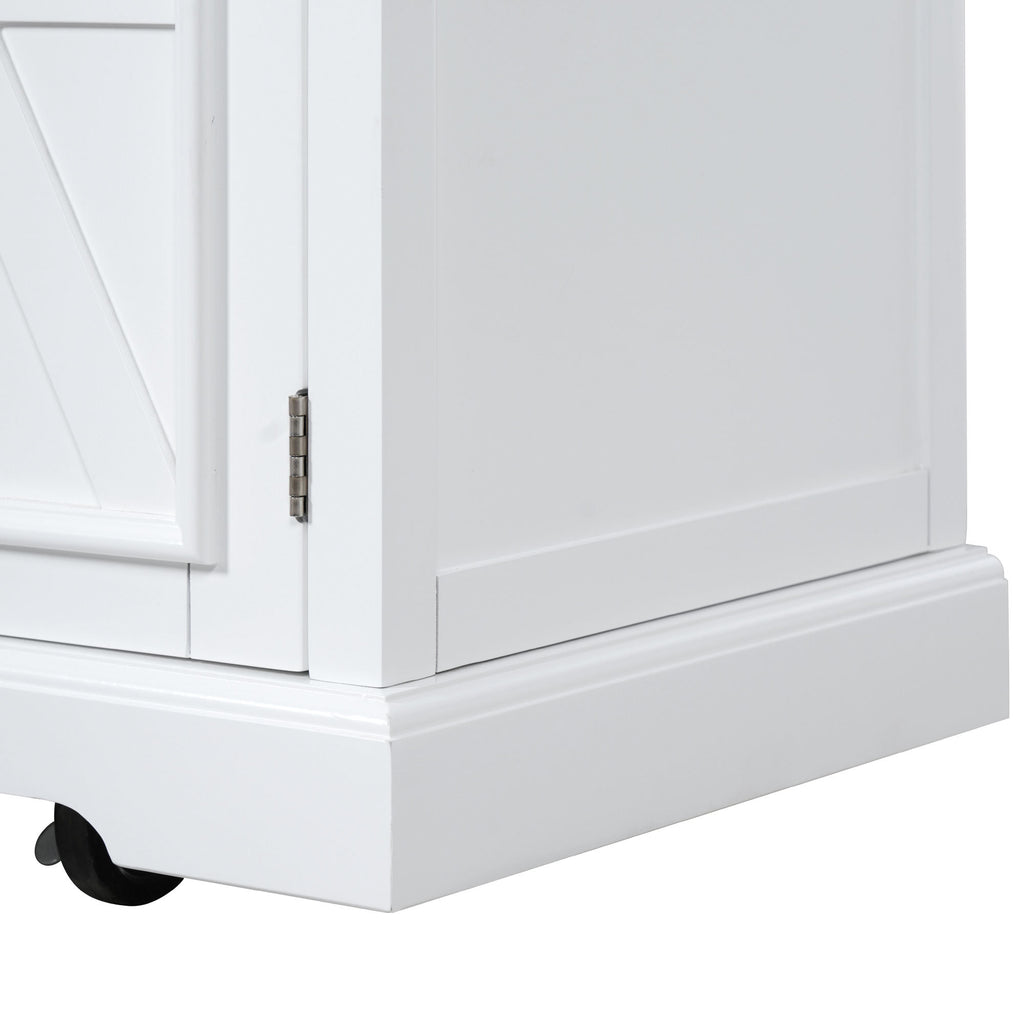 K&K 54.9' Kitchen Island with Drop Leaf, Power Outlet, Kitchen Storage Cart with 4 Door Shelves, Cross Barn Doors & Visual Glass Door, Rolling Kitchen Island on 4 Wheels for Kitchen, Dining Room,White - Grand Goldman Shop