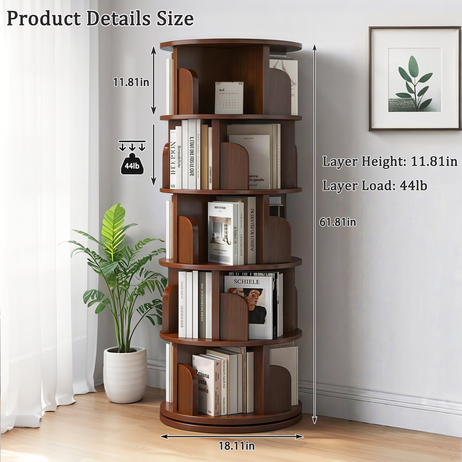 5 Tier Rotating Bookshelf, 360° Display Round Spinning Bookshelf, Space-Saving, Small Space Rotating Bookshelf Tower for Bedroom, Living Room, Home, Office, Walnut - Grand Goldman Shop