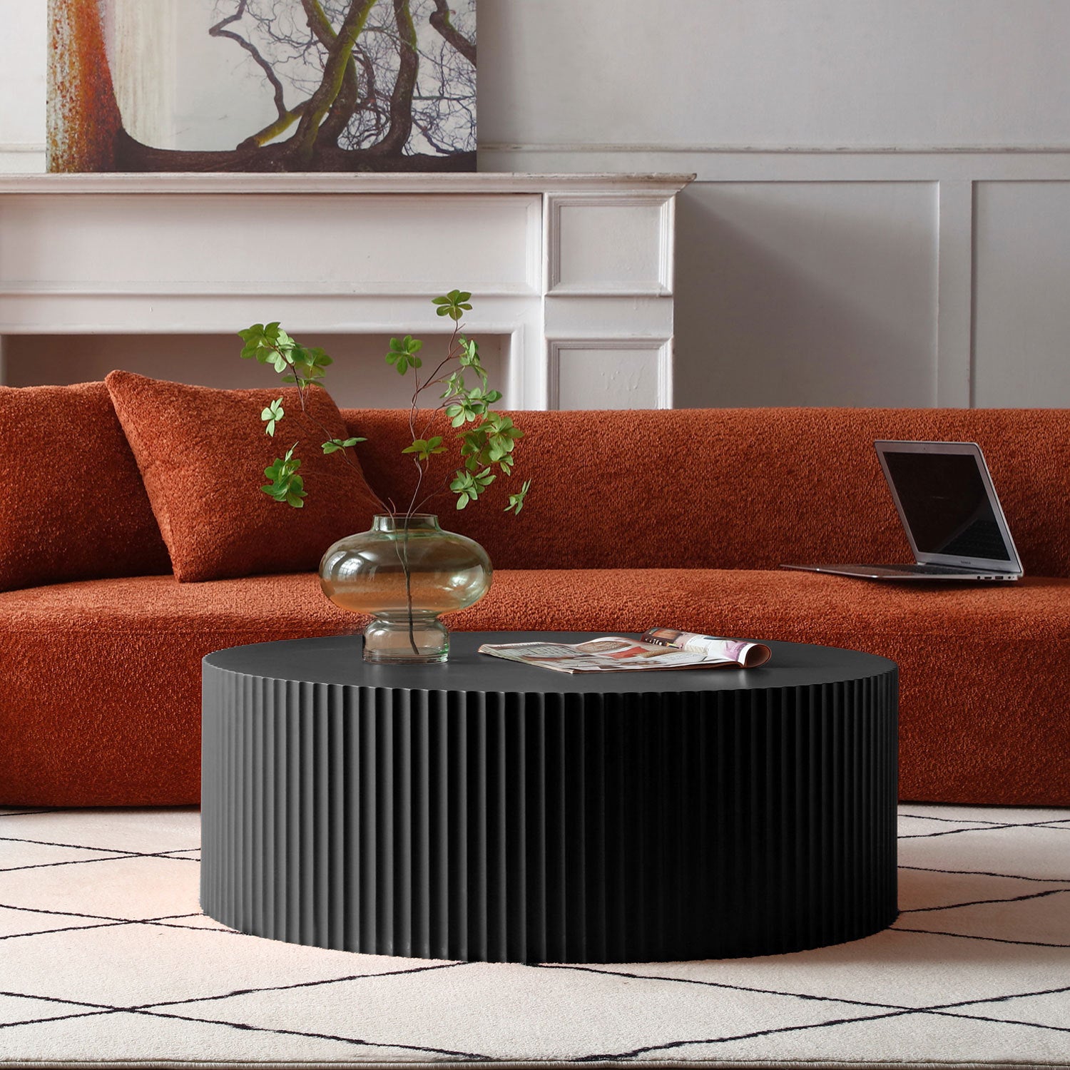Sleek and Modern Round Coffee Table with Eye-Catching Relief Design, Black(Same Sku:W876P252219) - Grand Goldman Shop