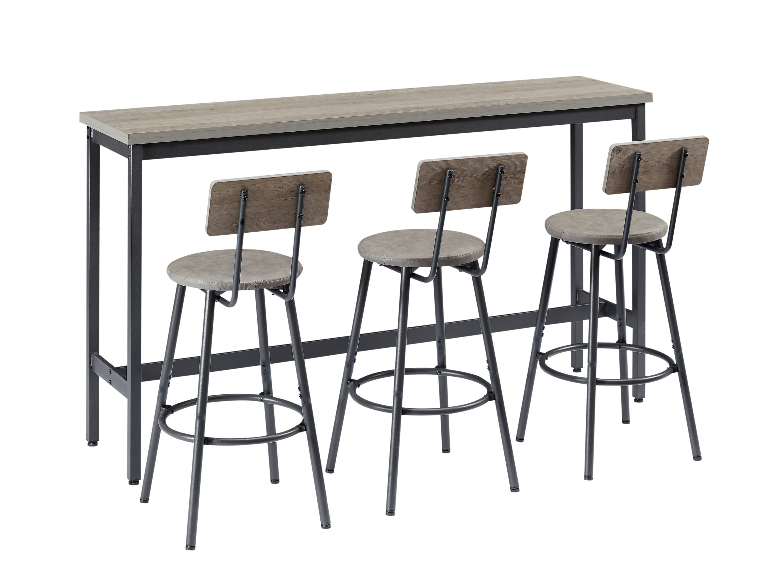 Long Bar Table Set with 3 PU Upholstered Bar Stools, Industrial Bar Table and Chairs for Kitchen Breakfast Table, Living Room, Banquet Hall, Rustic Gray and Black, 63″L x15.7'W x 37.5'H - Grand Goldman Shop